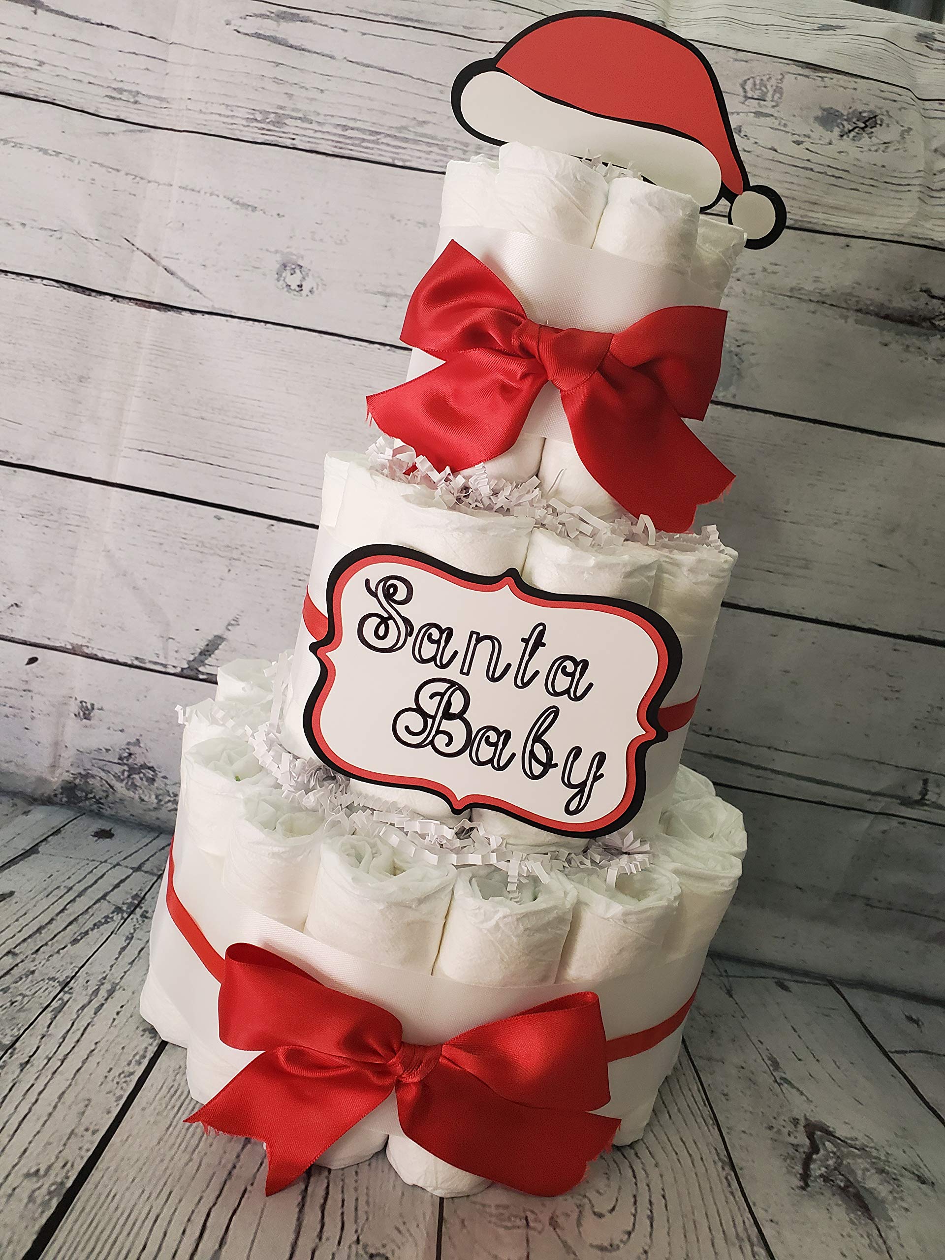 Santa Baby Christmas Theme Diaper Cake 5-Piece Set - 3-Tier Baby Shower Gift (Red/Gold or White) - Perfect for Holiday Baby Showers, Christmas Gifts & Newborn Celebrations