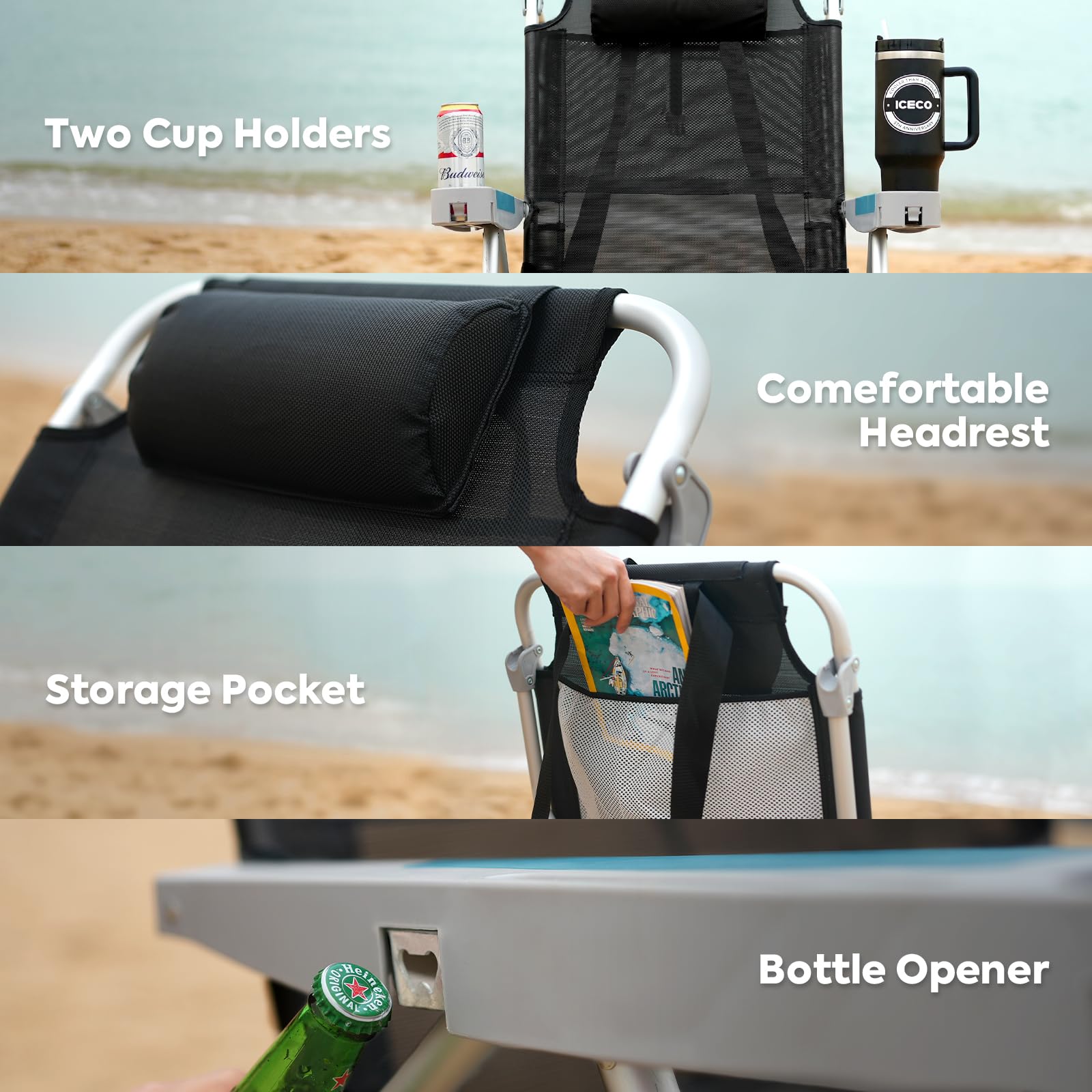 ICECO Heavy Duty Folding Beach Chair for Adults - 5 Position Reclining Portable Outdoor Chair with Cup Holder - 350lb Capacity - Perfect for Beach, Camping, Lawn, Picnics & Backpacking