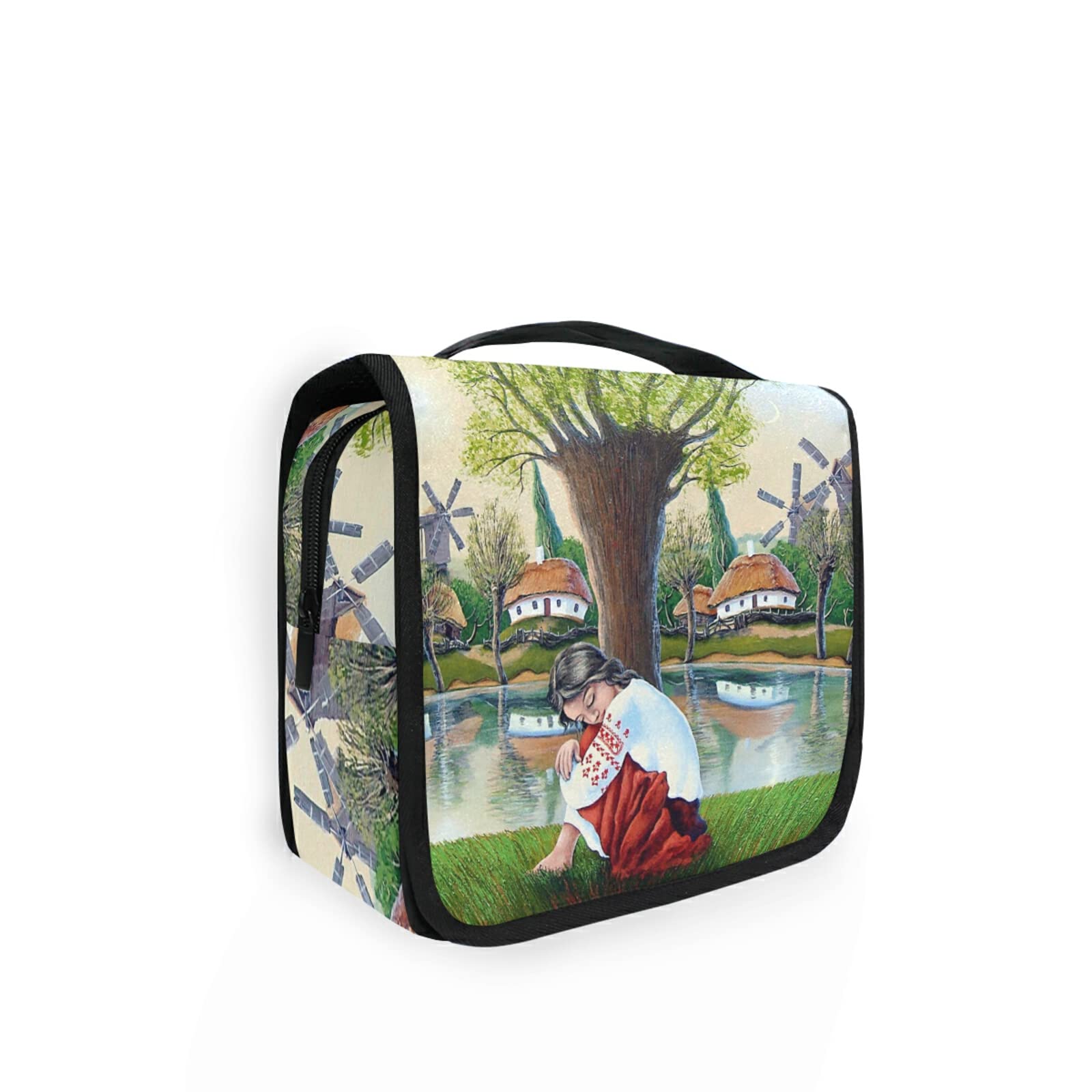 JUAMA Ukrainian Girl & River Windmill Hanging Toiletry Bag - Waterproof Travel Cosmetic Organizer for Women, Girls & Kids - Perfect for Gym, Camping, Travel & Daily Use