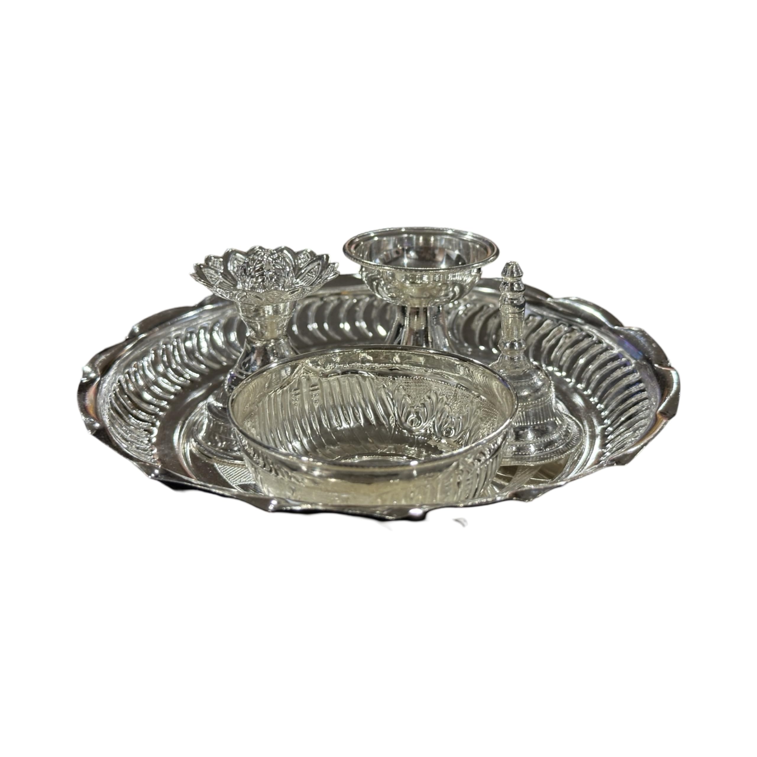 925 Sterling Silver Certified Puja Set - 6.0 Inch Hallmarked Hindu Prayer Kit with Diya, Bell & Spoon | Perfect for Home Worship, Temple Offerings & Spiritual Ceremonies