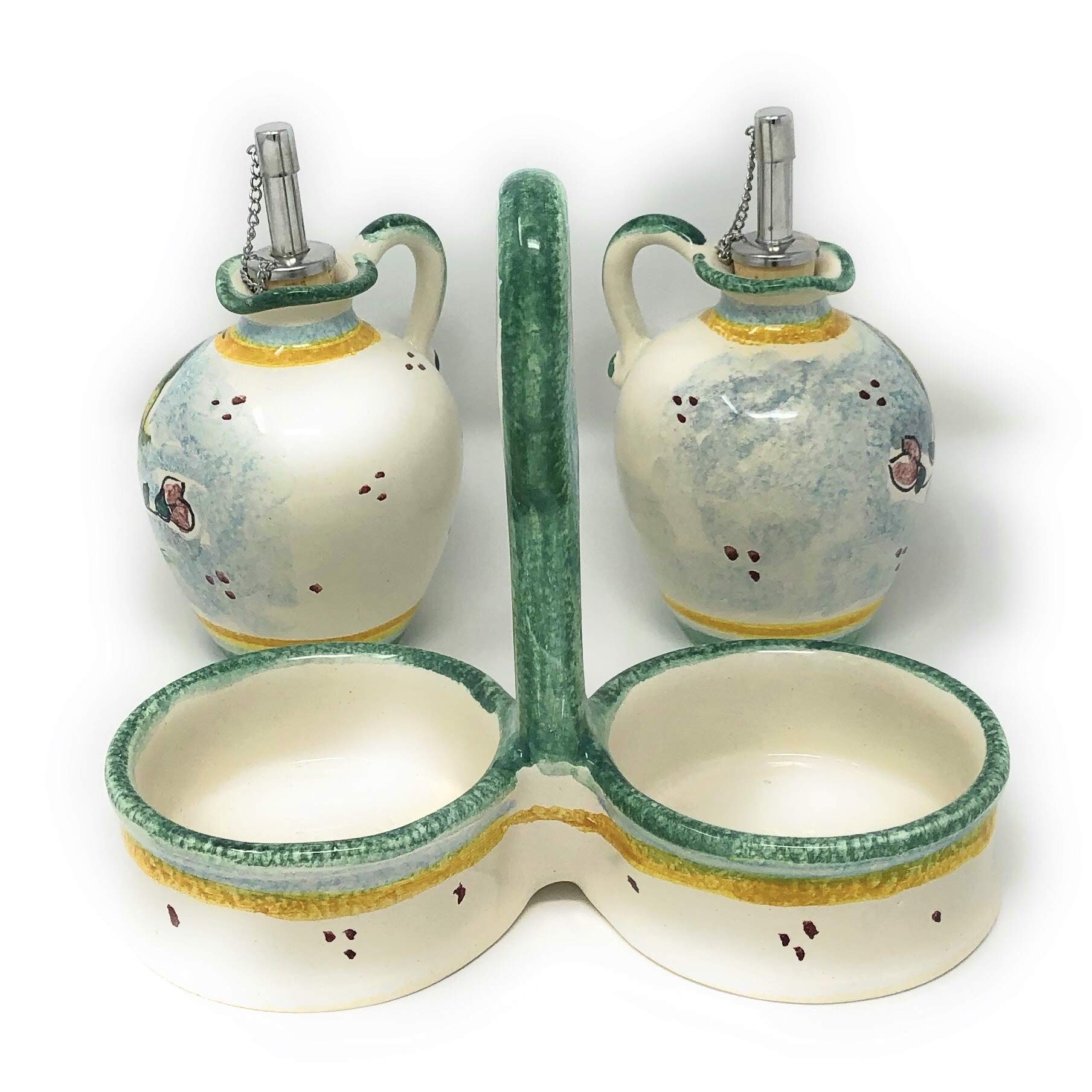 Italian Ceramic Oil and Vinegar Cruet Set - Hand Painted Tuscan Lemon Design, Artisanal Pottery Made in Italy | Perfect for Kitchen Decor, Dining Table Centerpiece, and Gift Giving