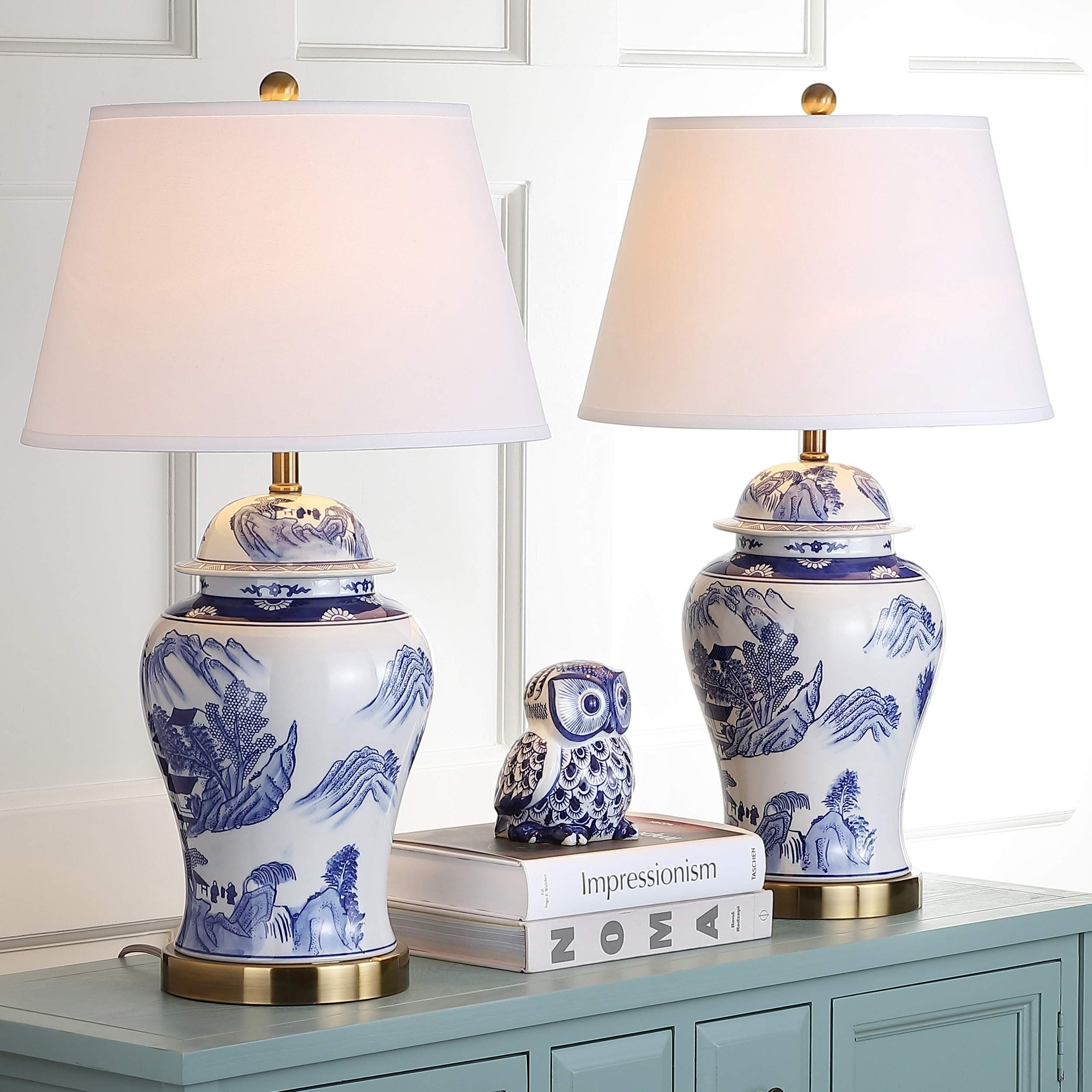 29-inch Shanghai Blue and White Ginger Jar Table Lamps (Set of 2) with Traditional Gold Bulbs - Chinese Style Home Decor for Living Room, Bedroom & Office Lighting
