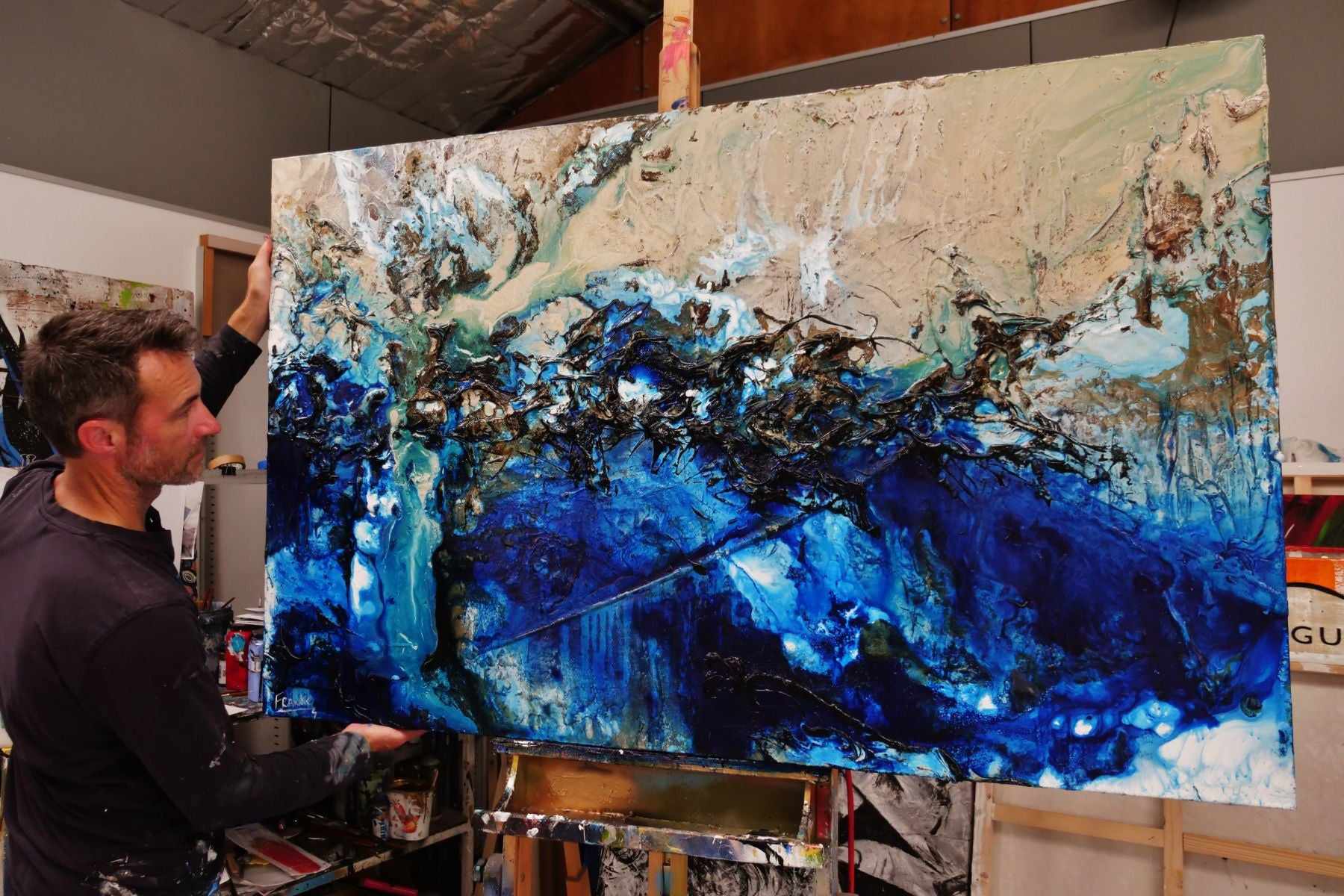 Oyster Cove 160cm x 100cm Blue Cream Textured Abstract Canvas Art - Modern Wall Decor for Living Room, Bedroom & Office