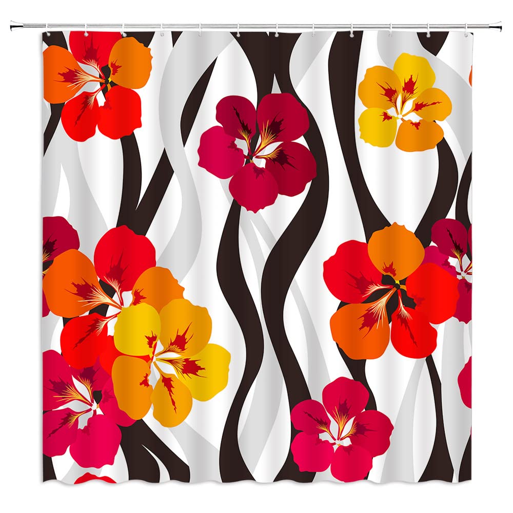 Abstract Floral Shower Curtain - Red Tropical Hibiscus Flowers with Black & Gray Stripes, Rustic Blooming Plant Design, Waterproof Fabric Bathroom Decor Set with Hooks (67