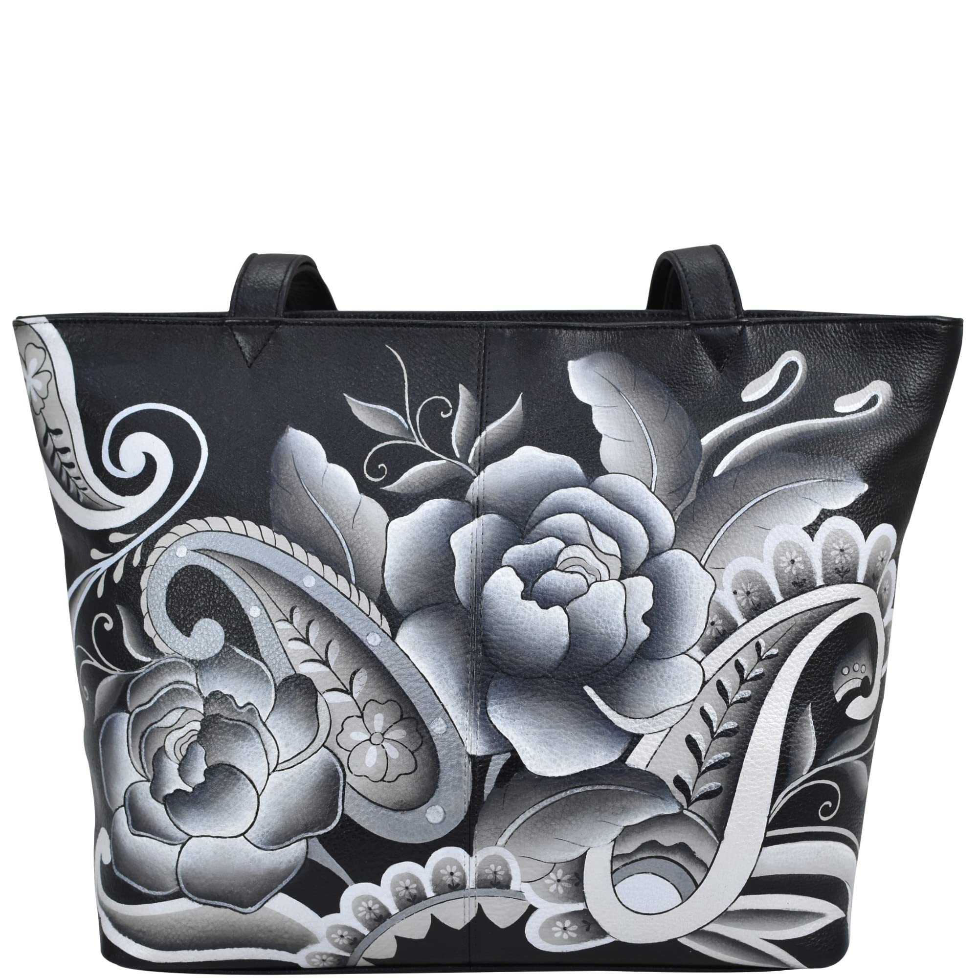 Anna by Anuschka Large Tote Bag - Hand Painted Peonies and Paisleys Design in Black | Perfect for Work, Travel & Beach (Women's Fashion Handbag)