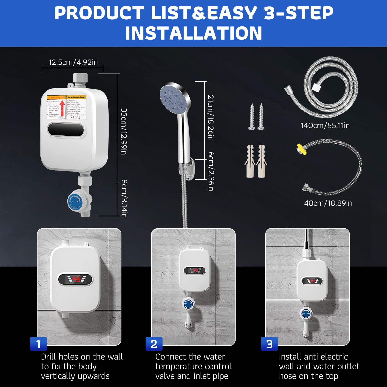 3500W Instant Electric Water Heater with LED Display - Mini Tankless Water Heater for Shower & Kitchen | Portable Hot Water Solution for Bathroom, RV, Camping & Small Spaces