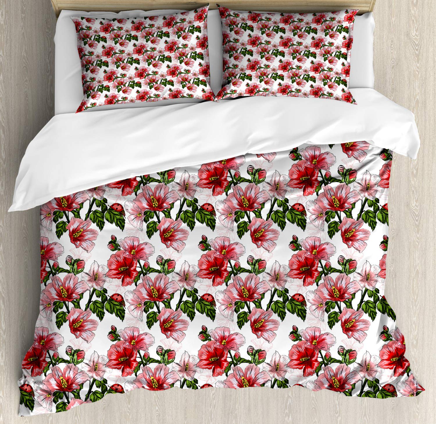 Ambesonne Ladybugs Duvet Cover Set - Exotic Floral Hibiscus Hawaiian Botanical Print Spring Blossom Bedding - 2 Duvet Covers & 4 Pillowcases - 2 Pack California King Size - Red Coral Green - Perfect for Tropical Themed Bedrooms, Guest Rooms & Vacation Homes