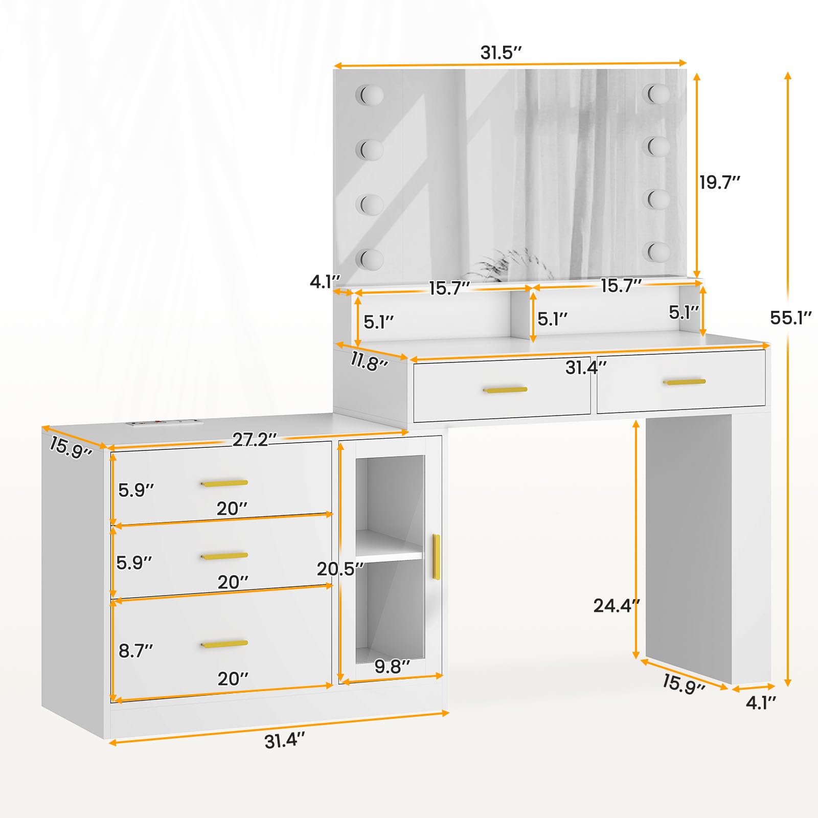 AOGLLATI White Makeup Vanity Desk with LED Mirror & Lights - 3 Drawers, 5 Storage Cabinets & USB Charging Station - 3 Adjustable Lighting Modes for Perfect Glam - Ideal for Bedroom, Dressing Room & Beauty Salon
