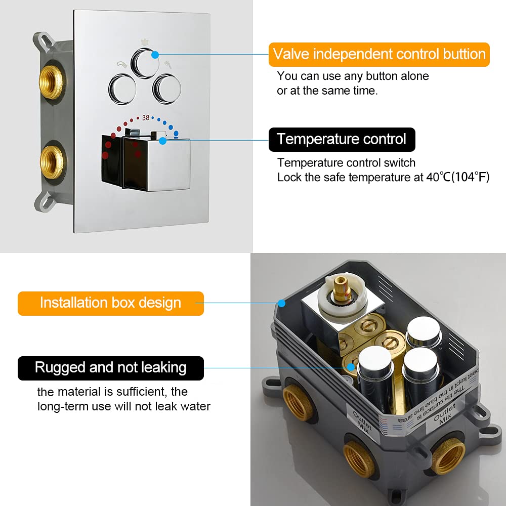 3-Function Brass Shower Diverter Thermostatic Valve - Pressure Balanced Mixer with Polished Chrome Trim - Simultaneous Multi-Function Use for Bathroom, Spa & Luxury Shower Systems