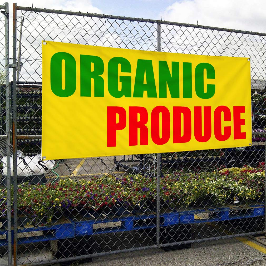 Vinyl Banner - 12x30 Inches, Weatherproof Outdoor Sign with 4 Grommets for Organic Produce Fairs, Restaurant Promotion, Business Events & Yard Signs - Durable Yellow Industrial Banner for Food Markets, Farmers Markets & Retail Store Advertising