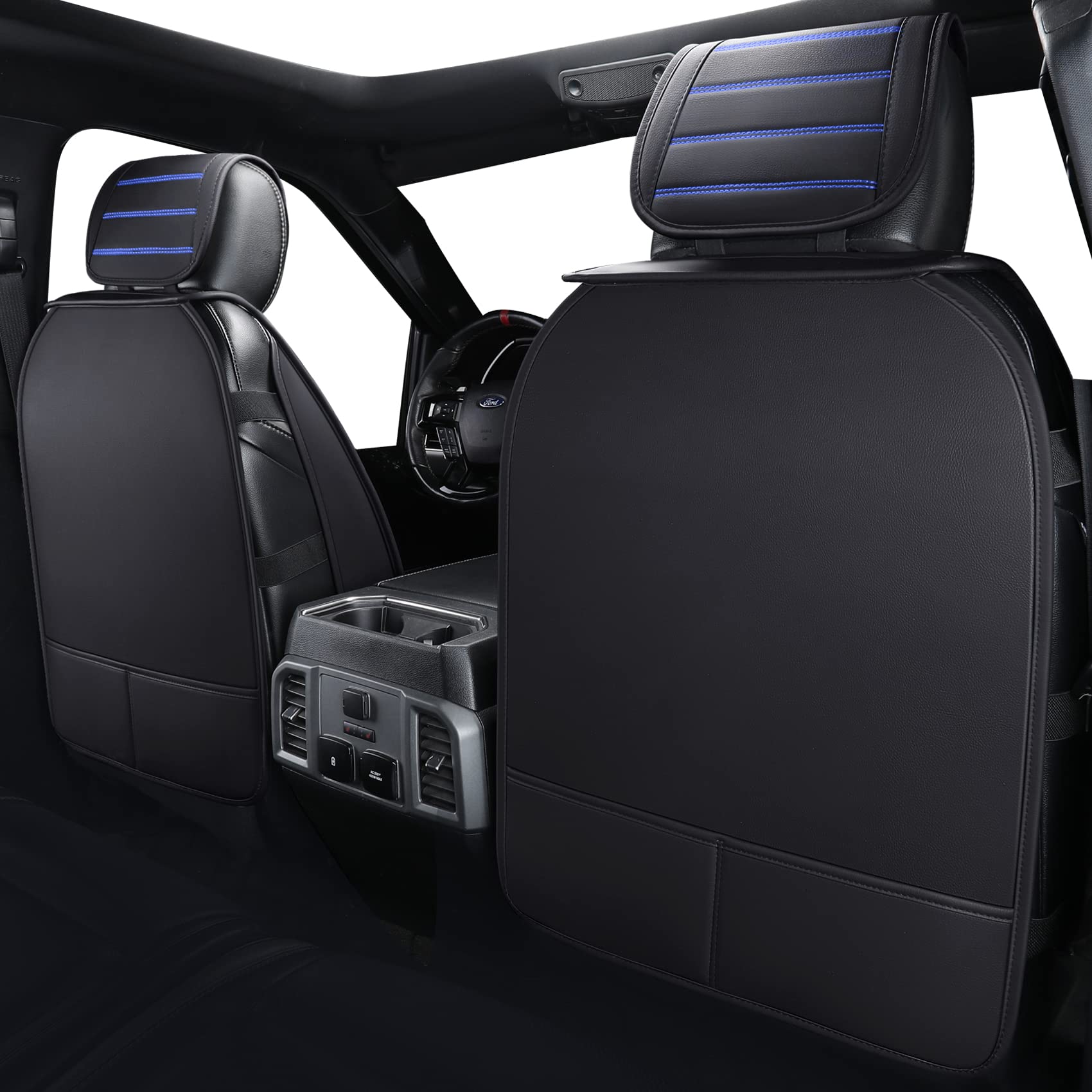 YIERTAI Waterproof Faux Leather Seat Covers - Full Set 5PC for 2009-2025 Ford F150, 2017-2025 F250 F350 F450 Limited & SuperCrew Pickup Trucks - Black & Blue Design - Perfect for Off-Roading, Daily Commute & Truck Protection
