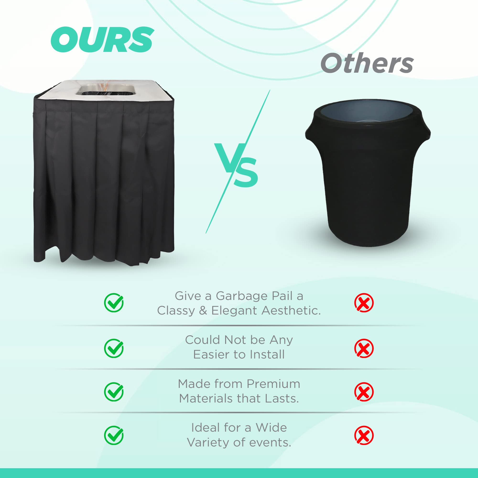 Elegant Marble Design Square Garbage Can Cover - Solid Pleated Skirt Topper for 32-35 Gallon Indoor Trash Bins & Waste Containers Without Wheels - Perfect for Kitchen, Bathroom, Birthday Parties & Home Decor (Marble Top Black Skirt) - Ideal for Residential, Office & Event Use