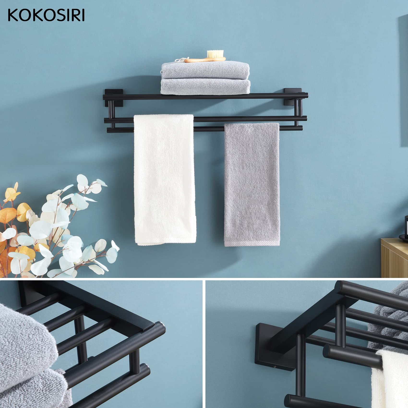 KOKOSIRI 20 Inch Double Towel Bar Wall Mounted Bathroom Towel Rack - Stainless Steel Matte Black Towel Holder for Bathroom & Shower Organization (B6005BK-L20) | Perfect for Small Spaces & Modern Home Decor