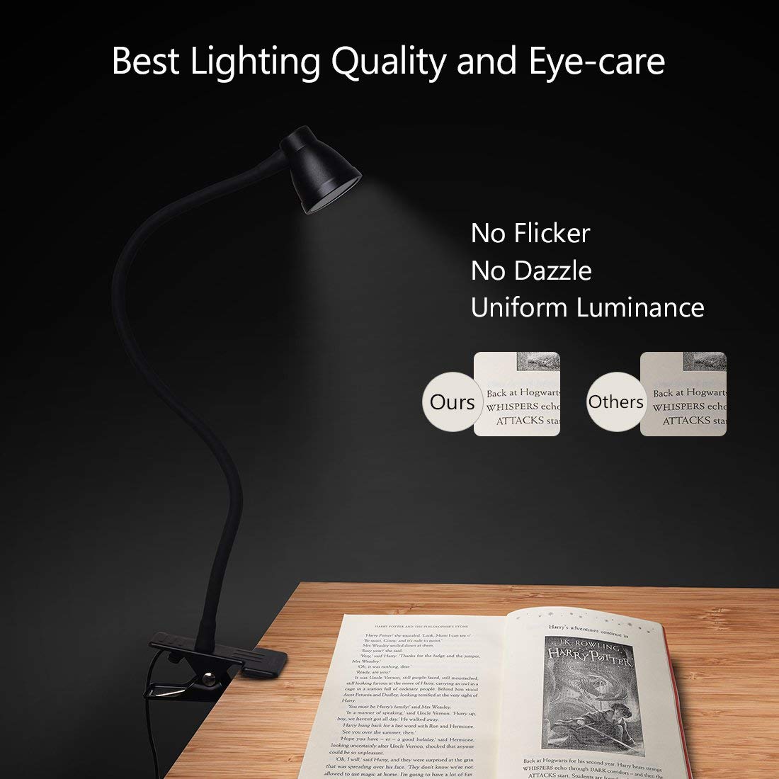 Adjustable Clamp Desk Lamp with 10 LED Beads - 3000K-6500K Color Temperature & 6 Lighting Modes - Clip On Reading Light for Study, Office, and Bedroom (Black, AC Adapter Not Included)