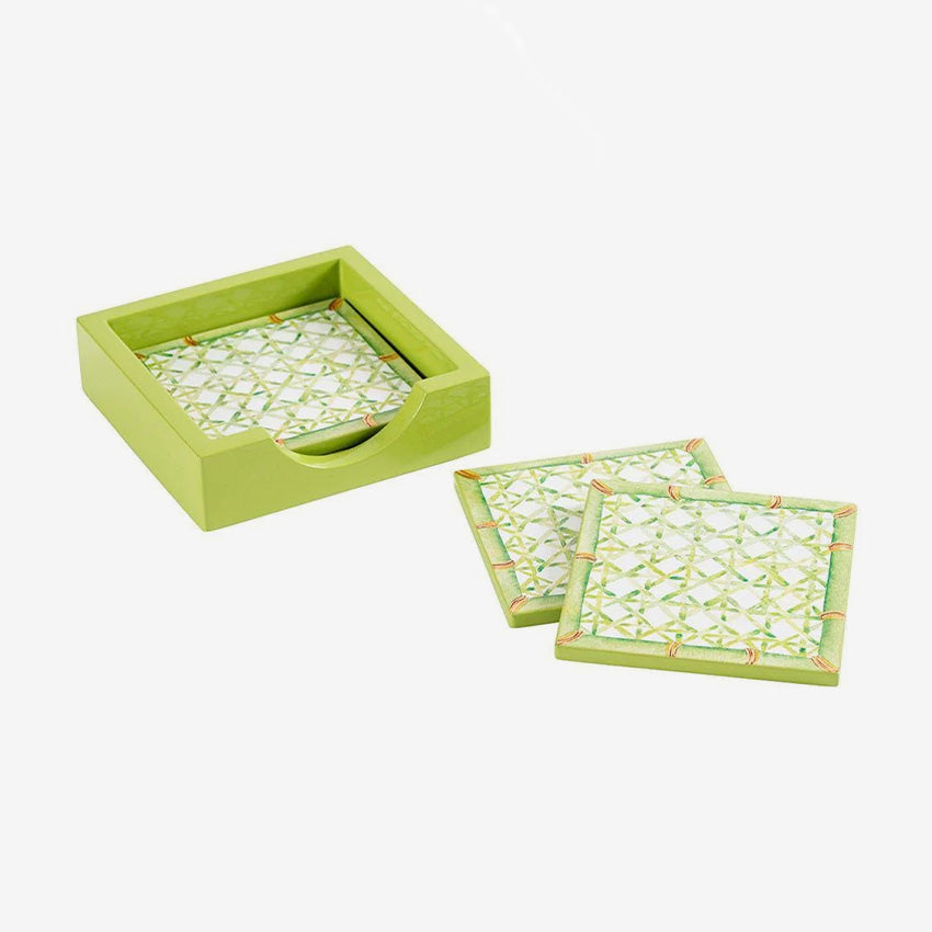 Caspari Set of 4 Trellis Green Lacquer Coasters - Elegant Drink Coasters for Home Bar, Coffee Table & Dining Table Protection
