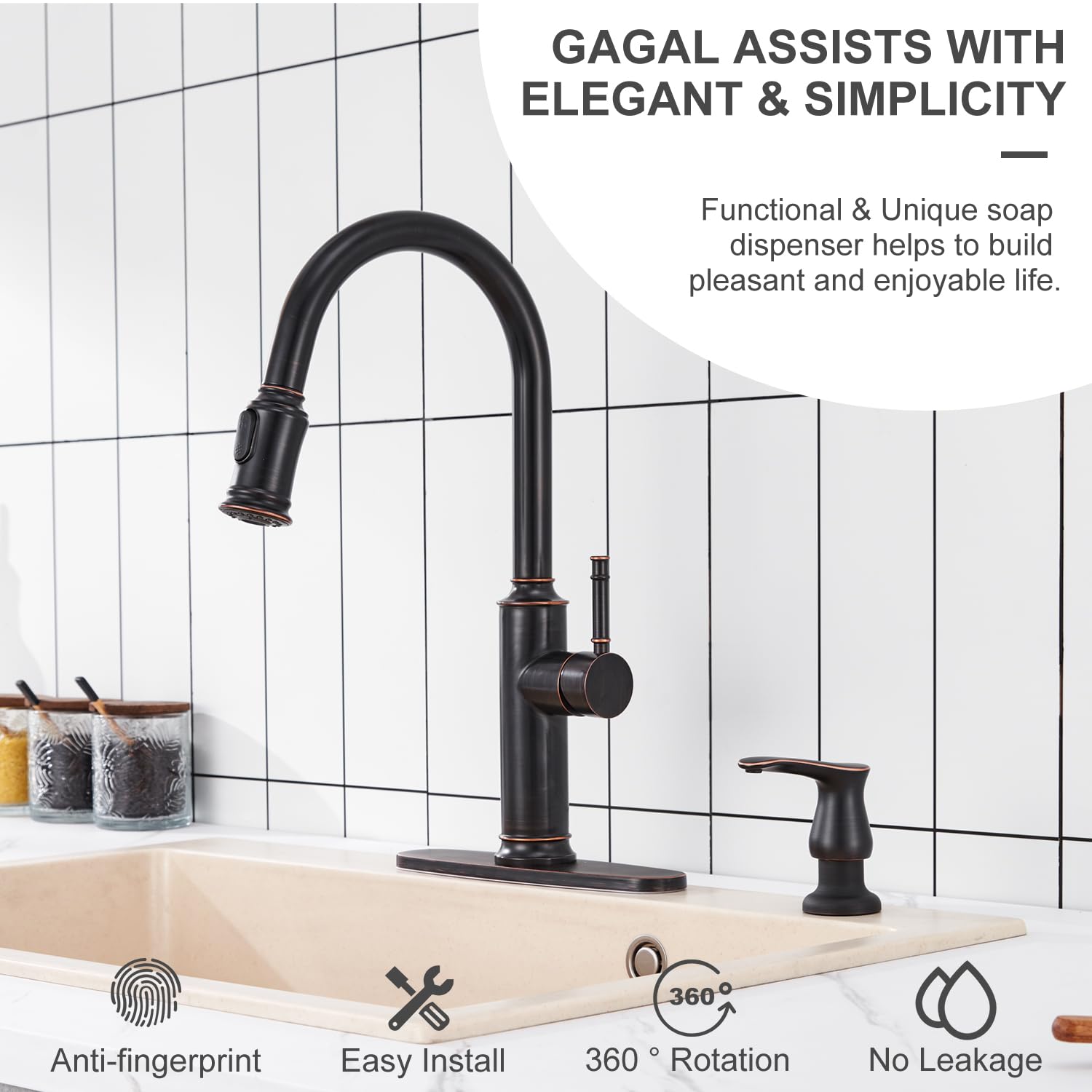 GAGALIFE Oil Rubbed Bronze Kitchen Sink Soap Dispenser - 13 OZ Built-In Top Refillable Liquid Soap Dispenser for Kitchen, Bathroom, and Laundry Room