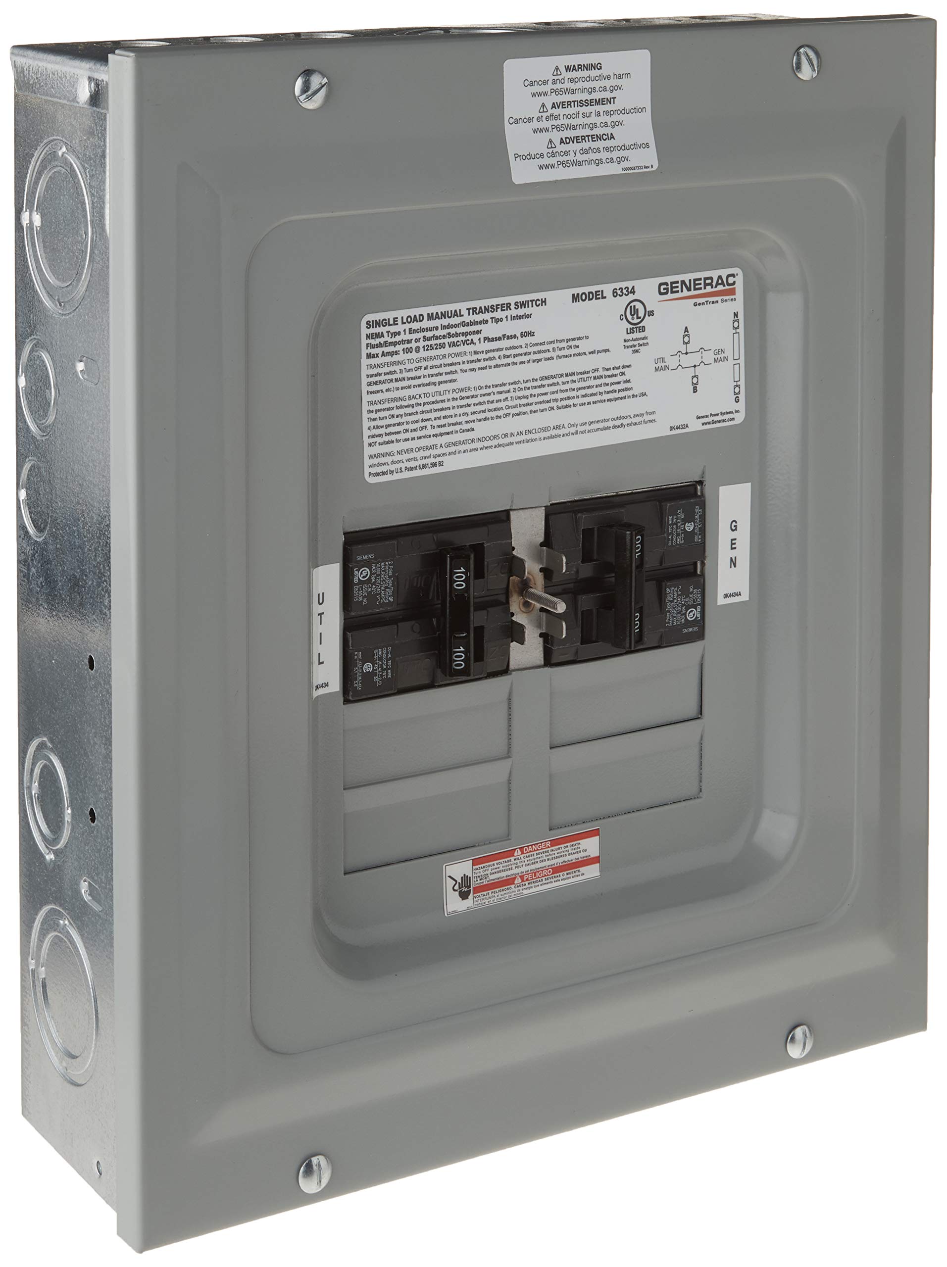 Generac 6333 60-Amp Manual Transfer Switch for Portable Generators - Single Load Double Pole, Gray - Backup Power Solution for Home & Emergency Use During Outages