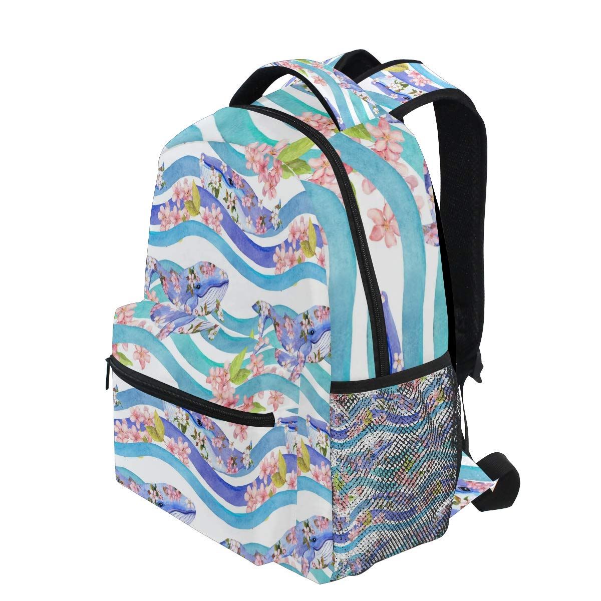 Shark Print Floral Blue Stripe Backpack - Large Waterproof Durable School Bag for Students, Teens, Boys & Girls - Laptop Bookbag for Elementary, College & Travel - Perfect for School, Work & Outdoor Adventures