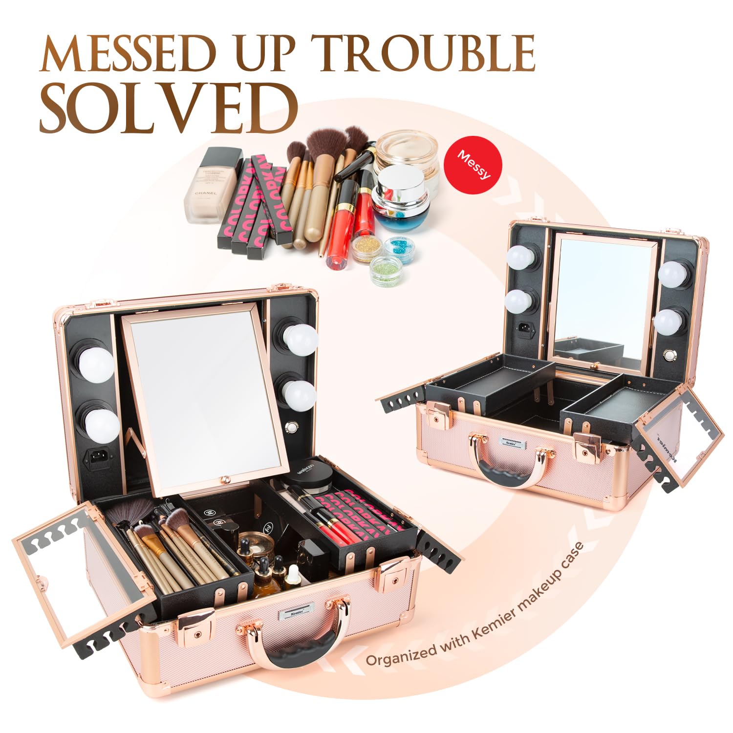 Kemier Professional Makeup Train Case with LED Lights & Mirror - Large Cosmetic Organizer Box with Custom Dividers, Rose Gold Makeup Artist Kit for Travel & Salon Use