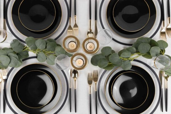 32-Piece Black and Gold Round Plastic Dinnerware Set for 16 Guests - Elegant Disposable Plates, Cups, Forks, Knives & Spoons - Perfect for Weddings, Parties, Events & Outdoor Dining - Eco-Friendly & Durable
