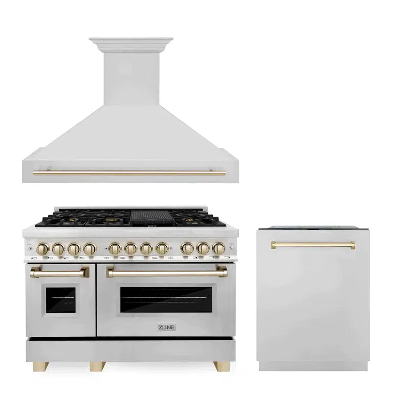 ZLINE Autograph Edition 48-inch Stainless Steel Dual Fuel Range with Range Hood & Dishwasher - Polished Gold Accents (3AKP RARHDWM48 G) | Professional Kitchen Package for Home Chefs & Modern Cooking Enthusiasts