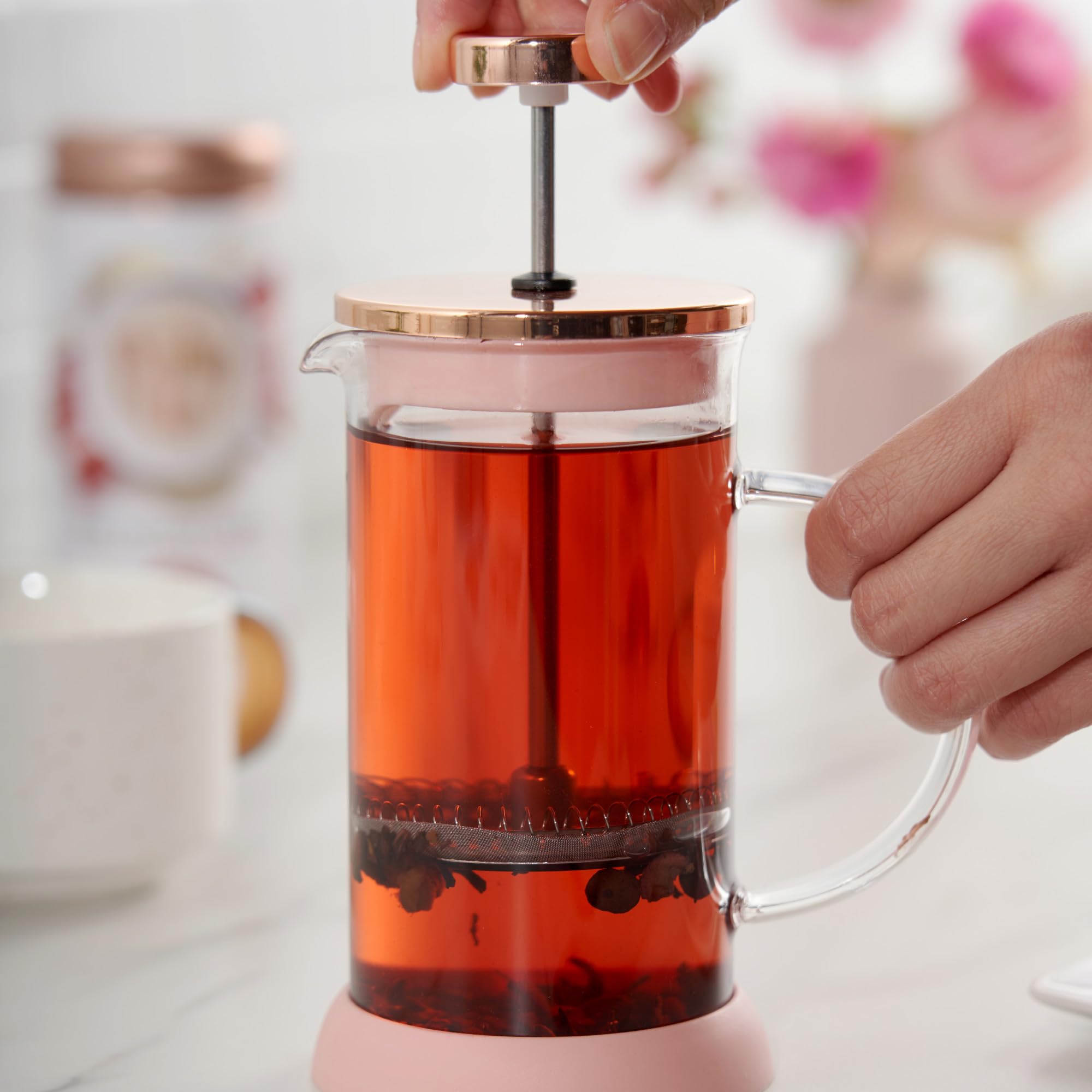 Pinky Up Riley Mini Glass Tea Press Pot - 12 oz French Press Coffee Maker for Loose Leaf Tea & Coffee - Hot & Iced Beverage Brewer in Pink - Perfect for Home, Office & Travel Use
