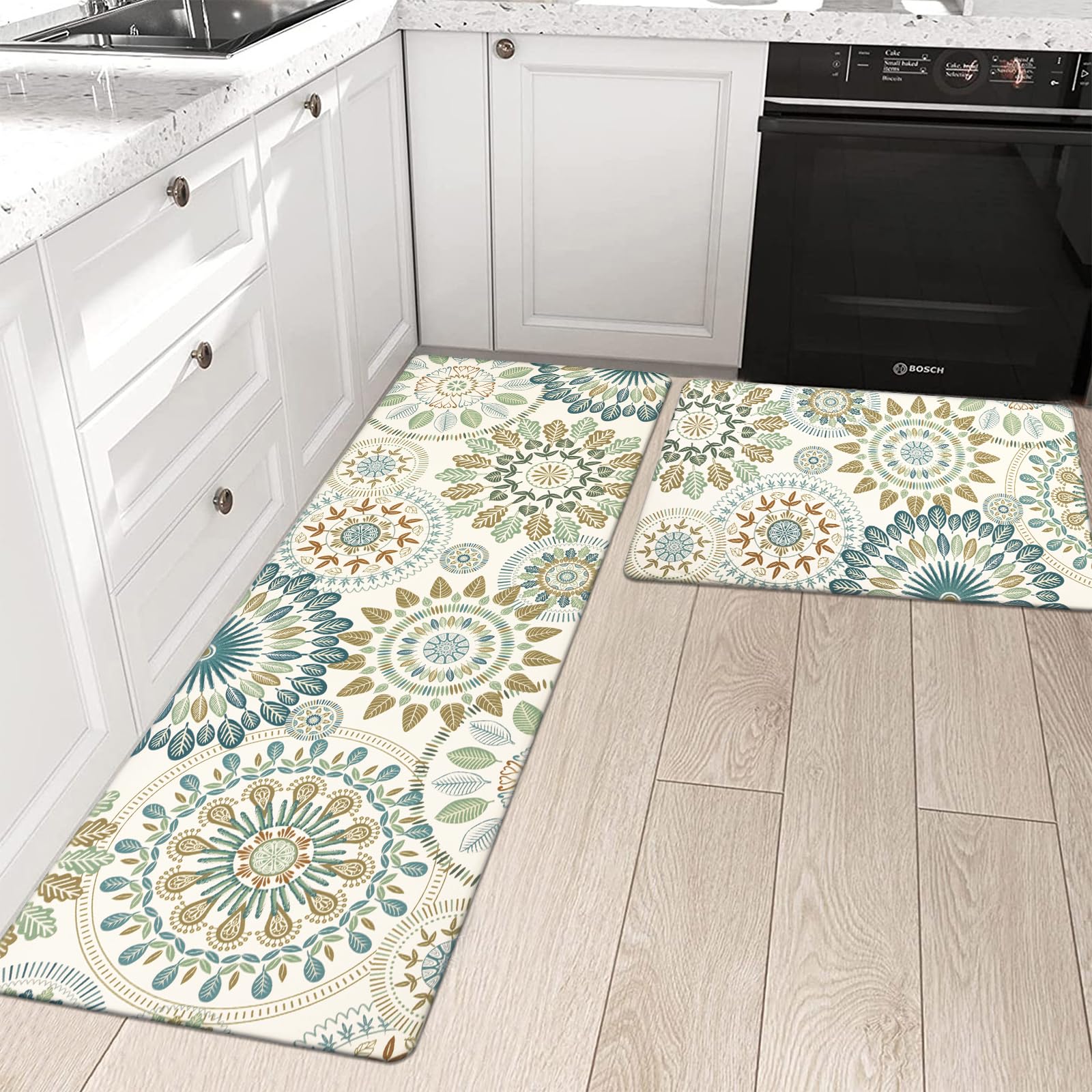 Pauwer Boho Kitchen Rugs Set of 2 - Anti-Fatigue Cushioned Floor Mats, Non-Slip Waterproof Kitchen Runner for Comfortable Standing - Perfect for Farmhouse, Apartment & High-Traffic Areas
