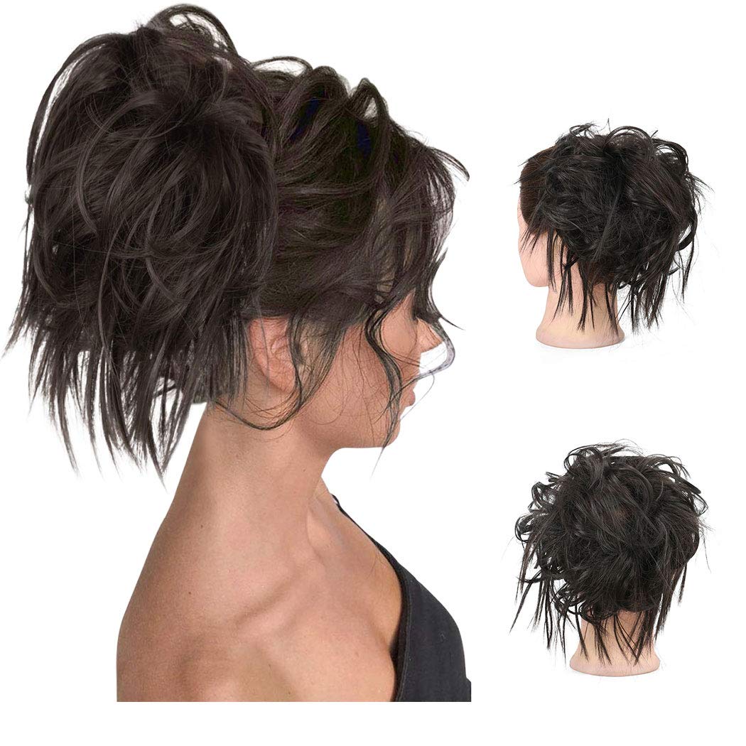 Gangel Synthetic Hair Bun Extensions - Curly Wavy Ponytail Hairpiece with Elastic Scrunchie for Half Updo Hairstyles | Women & Girls Wig | Brown Black (4#) | Perfect for Parties, Weddings & Daily Styling