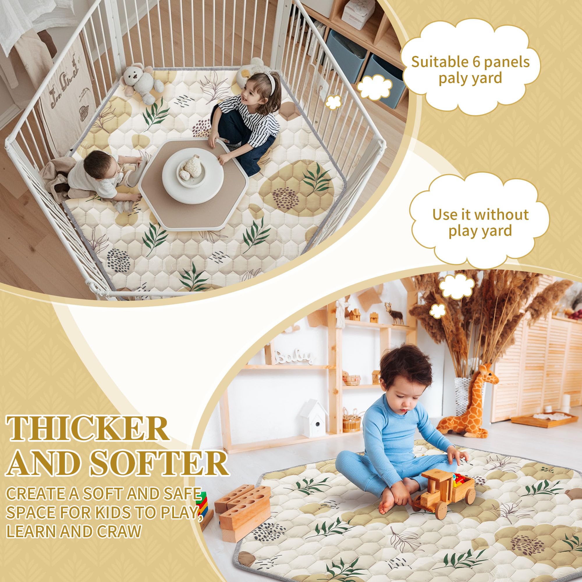 HOMBYS Hexagon Playpen Mat - 52x45 Inch Thickened Soft Baby Play Mat for Portable Play Yard & Playpen | Non-Slip Washable Toddler Crawling Mat (Leaf Pattern) - Perfect for Nursery, Daycare & Indoor Play Areas