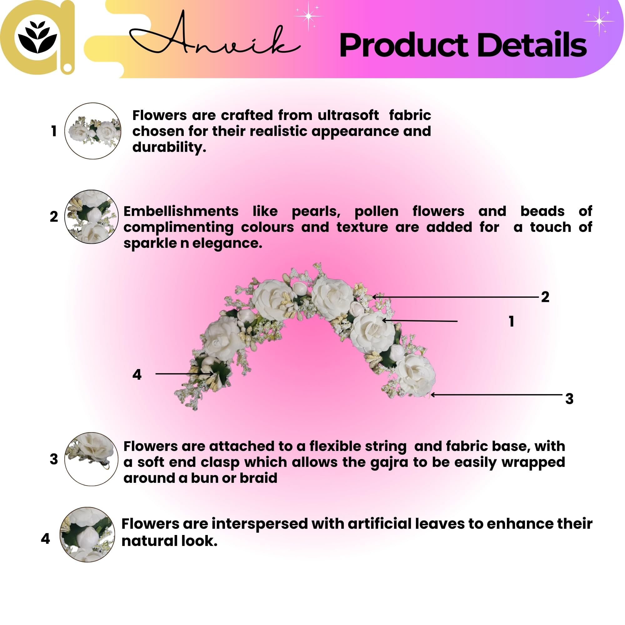 ANVIK White Artificial Rose Flower Hair Bun Gajra - Elegant Bridal Wedding Hair Accessories for Women | Perfect for Bridal Parties, Indian Weddings & Special Occasions