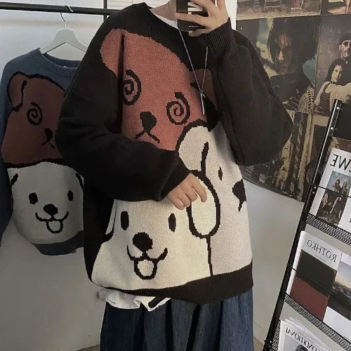 Men's Cartoon Bear Knit Sweater - Winter Warm Long Sleeve Pullover for Casual Wear | Cozy Loose Fit Fashion Top for Autumn & Winter Outfits
