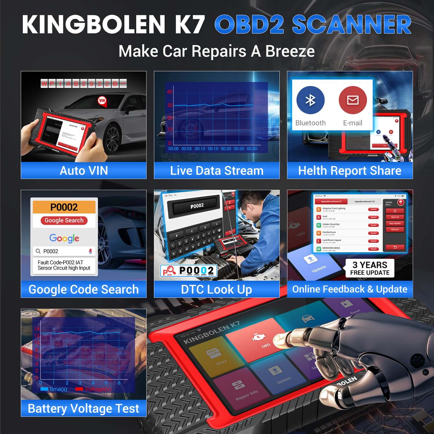 KINGBOLEN® K7 Bidirectional OBD2 Scanner - Bluetooth Diagnostic Tool for All Systems with 3 Years Free Updates | Car Engine Code Reader for Mechanics & DIY Auto Repair