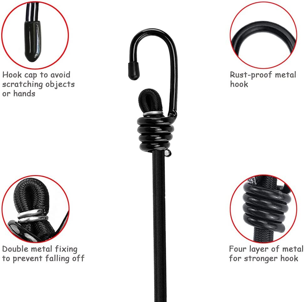 iCOMO 8 Pack Heavy Duty Bungee Cords with Metal Hooks - 32 Inch Elastic Tie Down Straps for Outdoor, Camping, Truck, RV, and Storage Use - Black (Durable & Secure Fastening Solution)