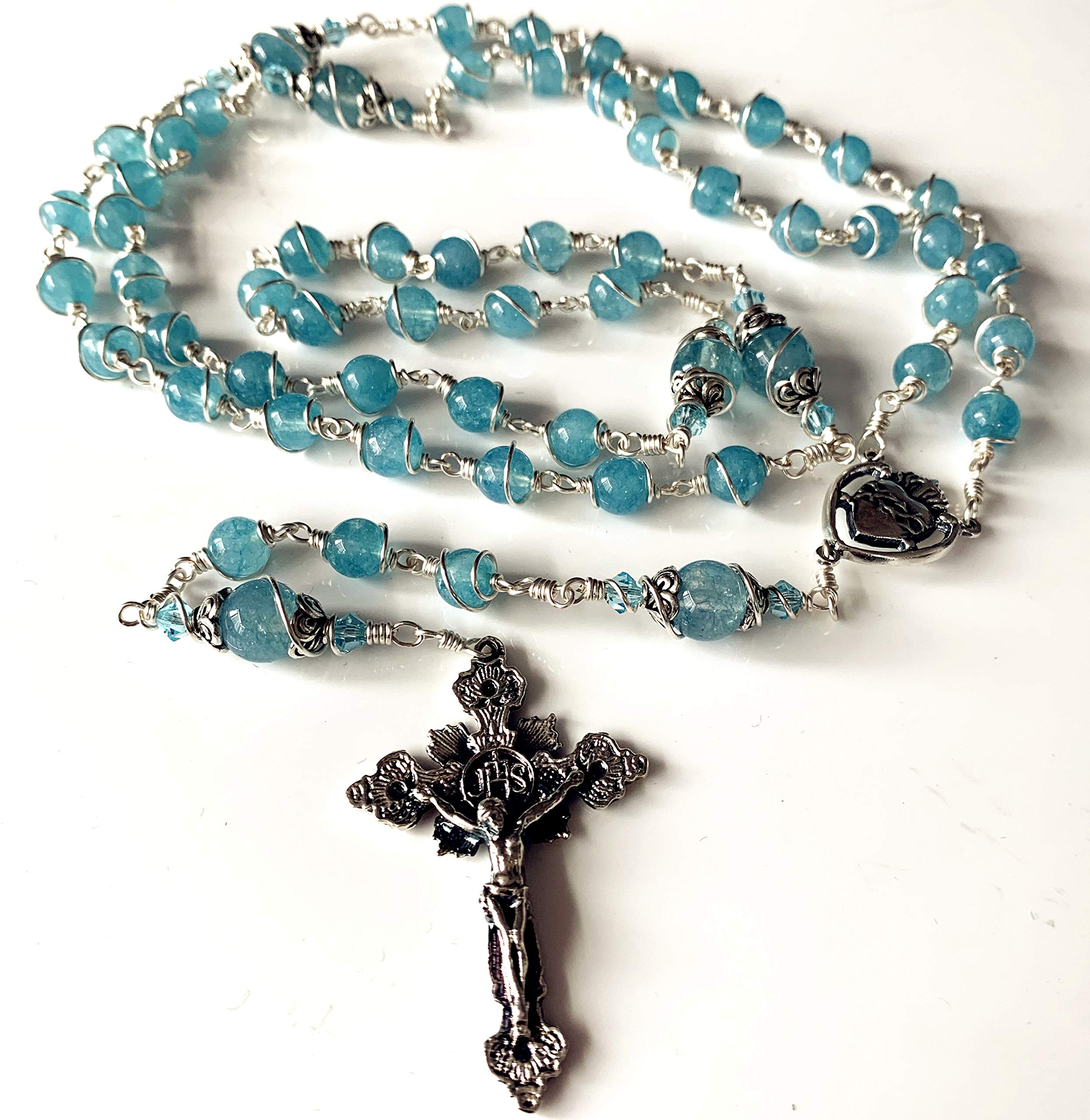 Handmade Sterling Silver Wire Wrapped Aquamarine Beads 5 Decade Rosary Cross Crucifix Necklace - Elegant Religious Jewelry for Prayer, Meditation & Spiritual Gifts
