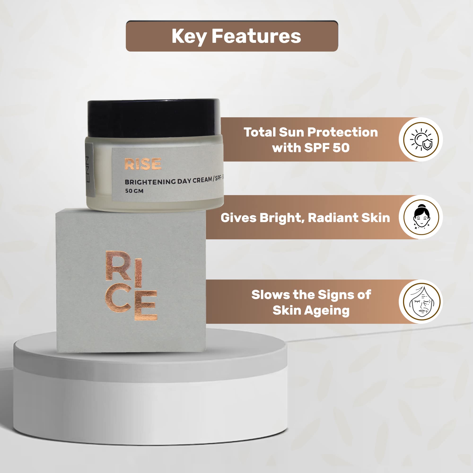 RISE Brightening Day Cream with SPF 50 - Fast Absorbing, Reduces Dullness & Improves Skin Texture | Enriched with Rice Extract | Natural Formula for Men & Women | 50g | Perfect for Daily Sun Protection & Glowing Skin