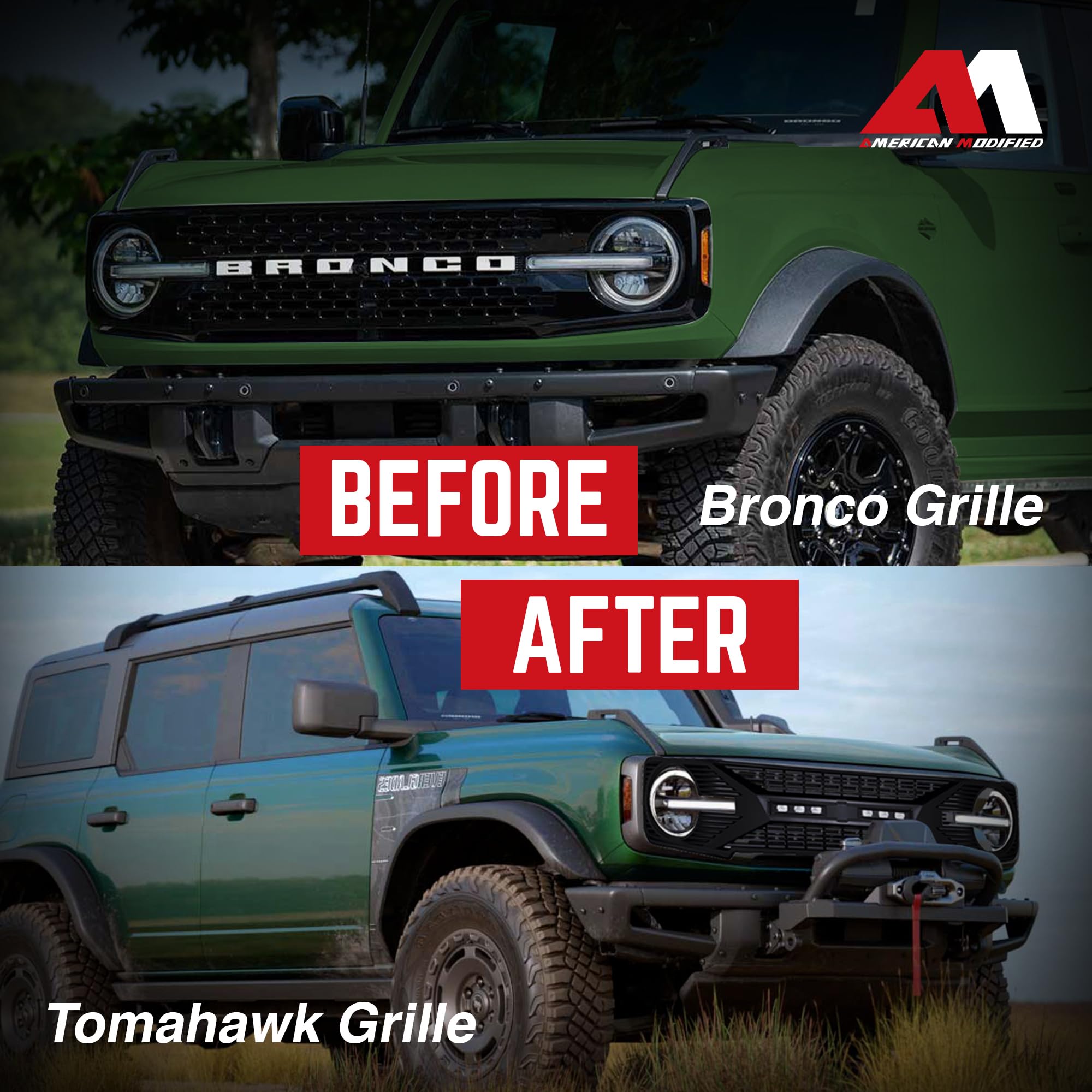 2021-2024 Ford Bronco 2 & 4 Door Matte Black Front Grille Replacement with Off-Road Lights & Camera Compatibility - Upgrade Your Bronco's Off-Road Style for Trail Adventures & Urban Driving