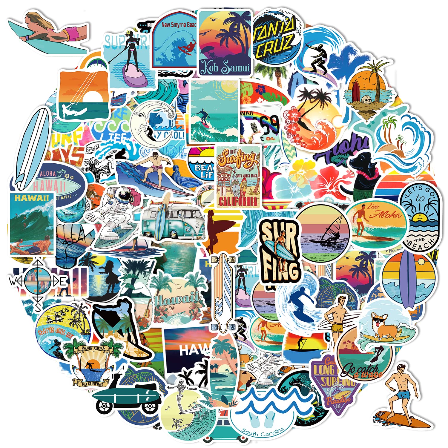 200pcs Waterproof Surf Stickers - Beach, Summer & Water Sports Decals for Surfboards, Water Bottles, Laptops | Hawaiian-Themed Vinyl Stickers for Outdoor Adventures & DIY Projects