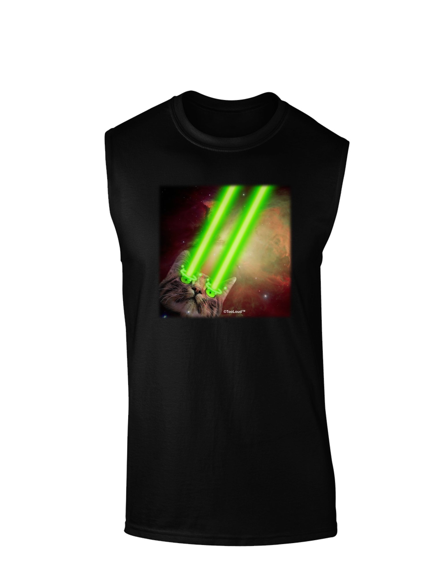 TOOLOUD Laser Eyes Cat in Space Print Dark Muscle Shirt - Trendy Graphic Tee for Men, Cool Streetwear & Casual Outfit