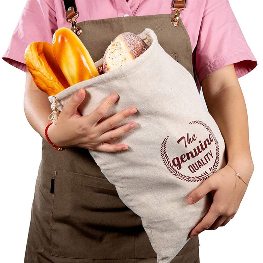 2-Pack Unbleached Linen Bread Bags - Reusable Bread Storage Pouches & Produce Bags for Bakery, Challah, Fruits - Eco-Friendly Cloth Shopping & Food Container Bags (Perfect for Homemade Bread, Groceries & Farmers Market)