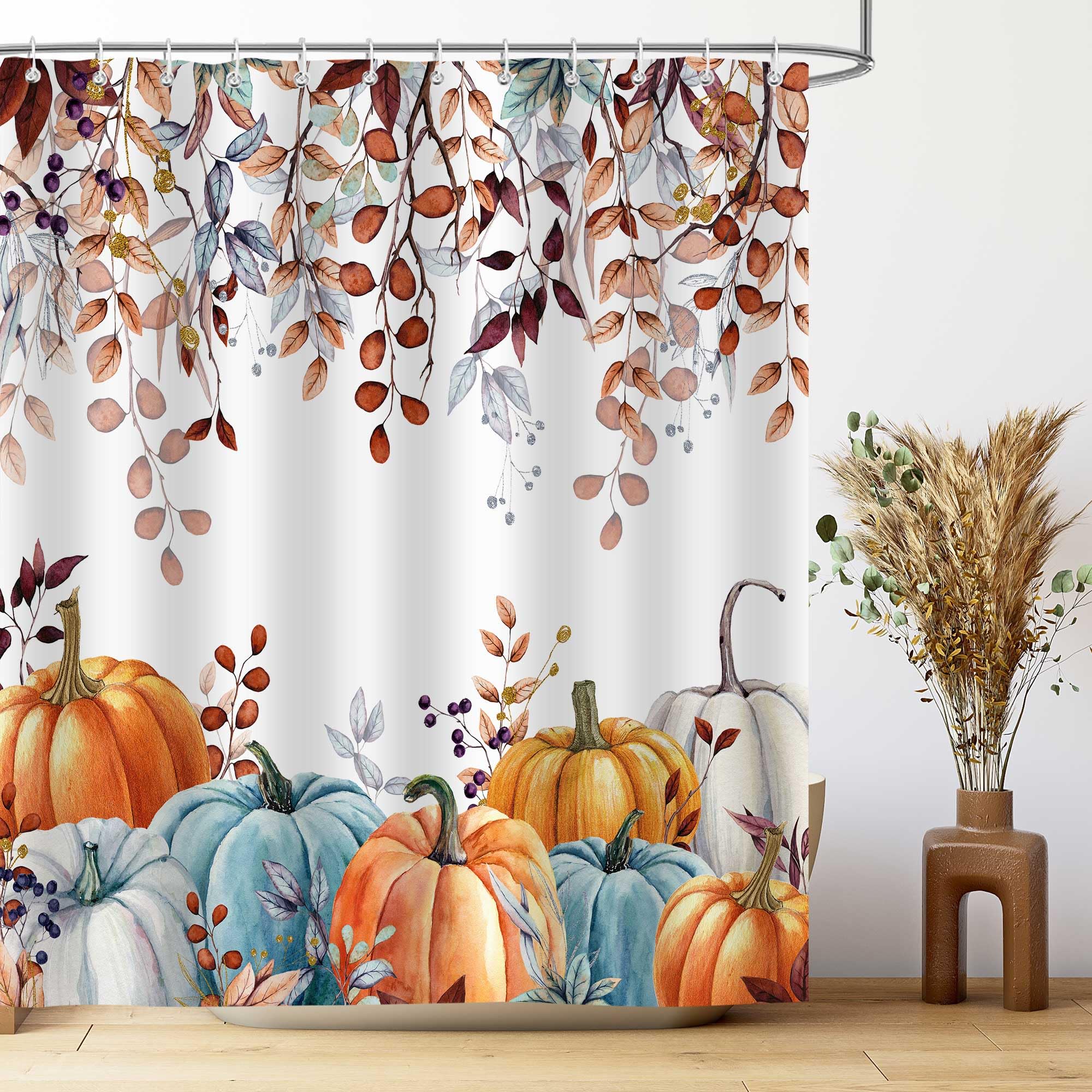 Waterproof Fall Shower Curtain Set - Thanksgiving Pumpkins & Autumn Leaves Bathroom Decor (72x72 Inch) | Blue & Orange Fabric with Hooks | Perfect for Seasonal Bathroom Upgrade & Holiday Home Decor