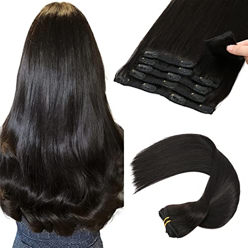 SEACOLOR 14 Inch Clip in Human Hair Extensions - 12A Grade Remy Hair, 120g 7pcs Double Wefted, Natural Black Color | Perfect for Daily Styling, Parties, Weddings & Special Occasions