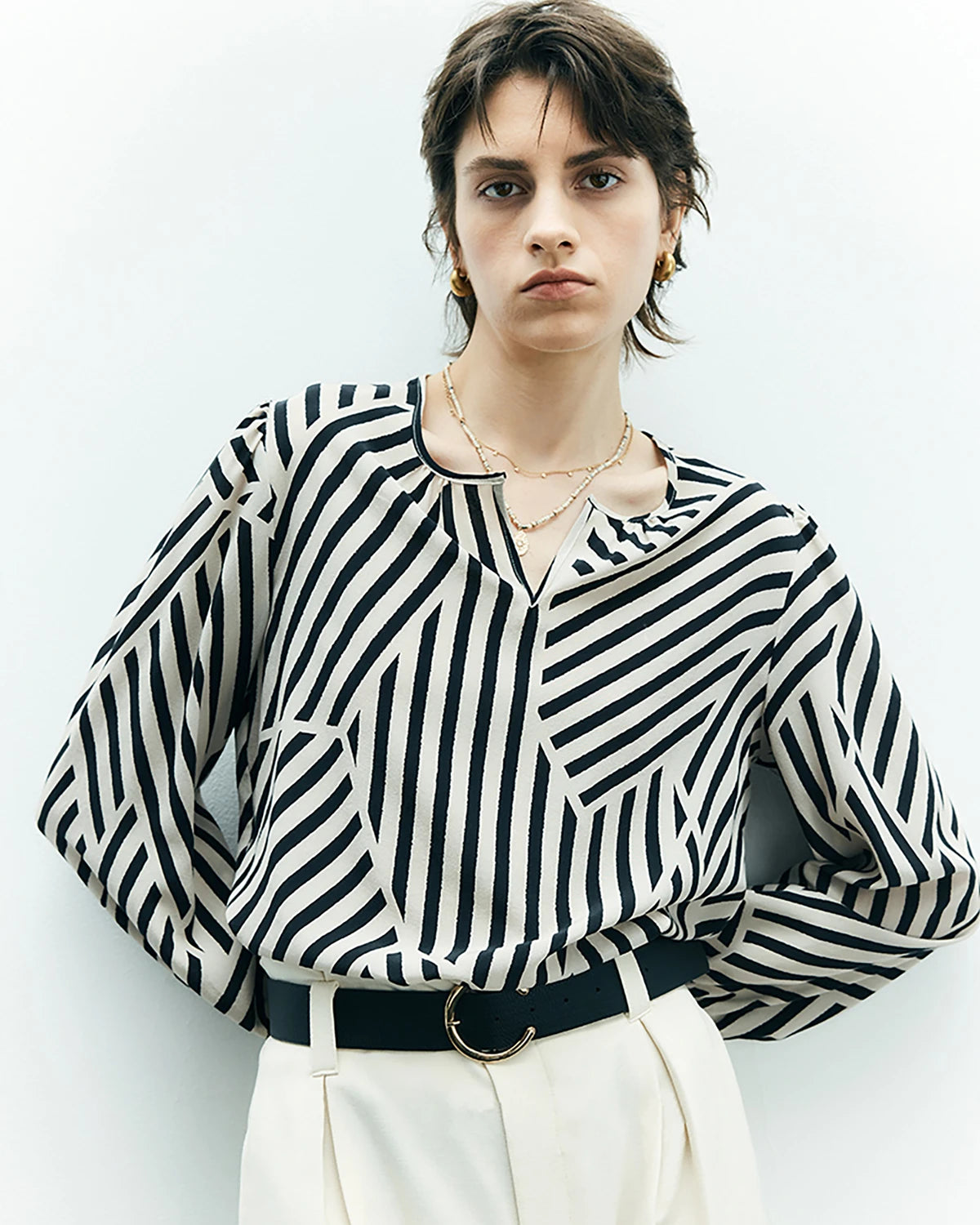 Elegant Geometric Stripe Silk Blouse for Women - Luxury Silk Shirt with Unique Print - Perfect for Office Wear, Date Night & Special Occasions