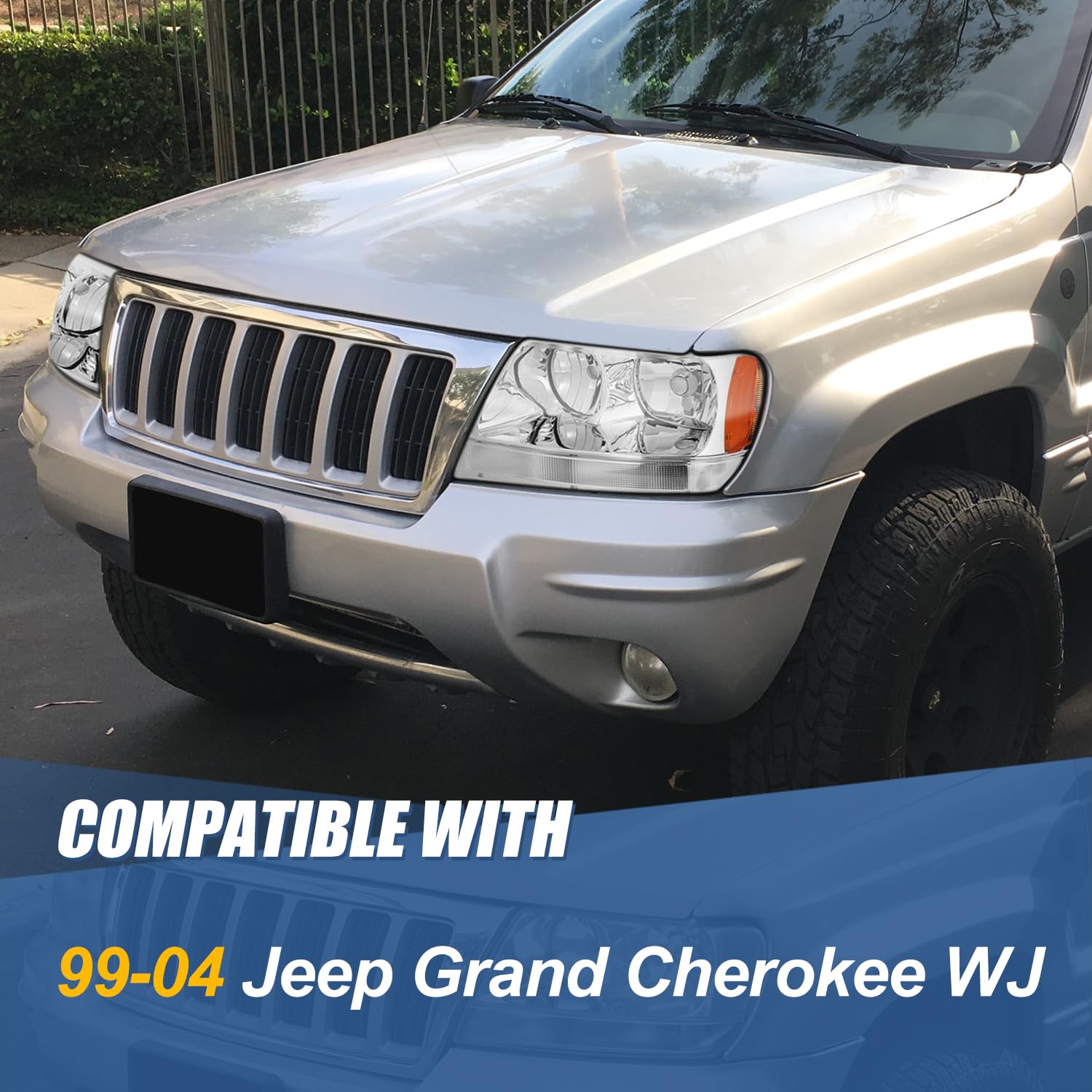 Auto Dynasty Halogen Headlights Assembly Replacement for 1999-2004 Jeep Grand Cherokee WJ - Driver & Passenger Side Headlamps (CH2502121 CH2503121) with Chrome Housing & Amber Corner - Perfect for Night Driving & Off-Road Adventures