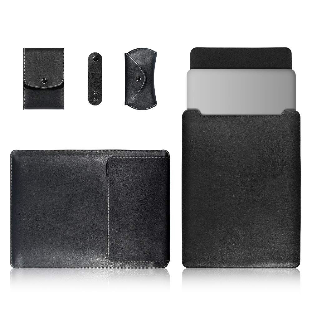 Premium 4-in-1 Laptop Bag Set for MacBook 15 Inch - PU Leather Sleeve, Power Organizer, Cable Tie & Mouse Pouch (Black) - Perfect for Work, Travel & Business Professionals