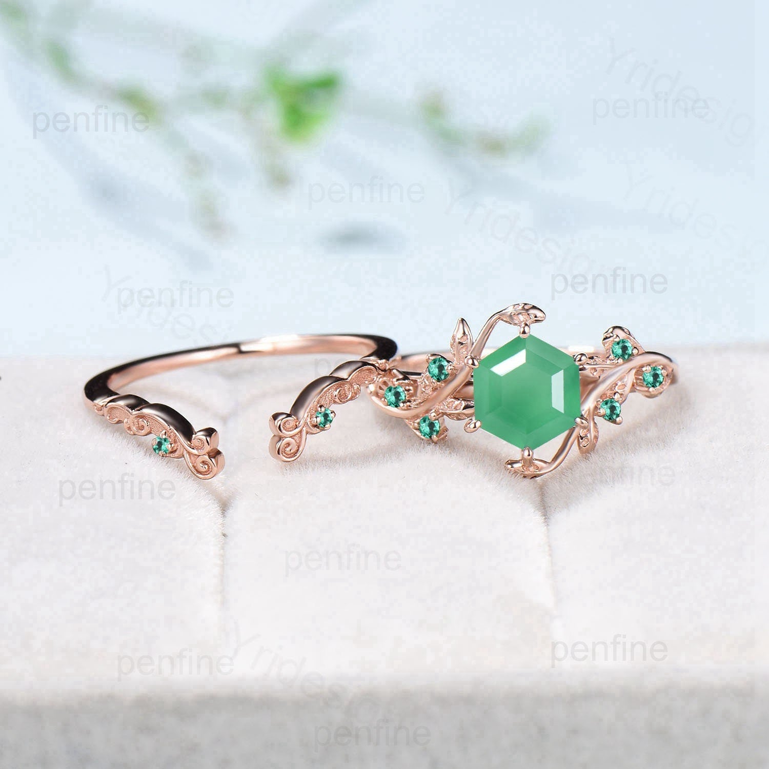 Vintage Green Chrysoprase Engagement Ring Set - Rose Gold Cluster Wedding Band, Unique Emerald Promise Ring for Women, Elegant Bridal Jewelry Set | Perfect for Proposals, Anniversaries & Special Occasions