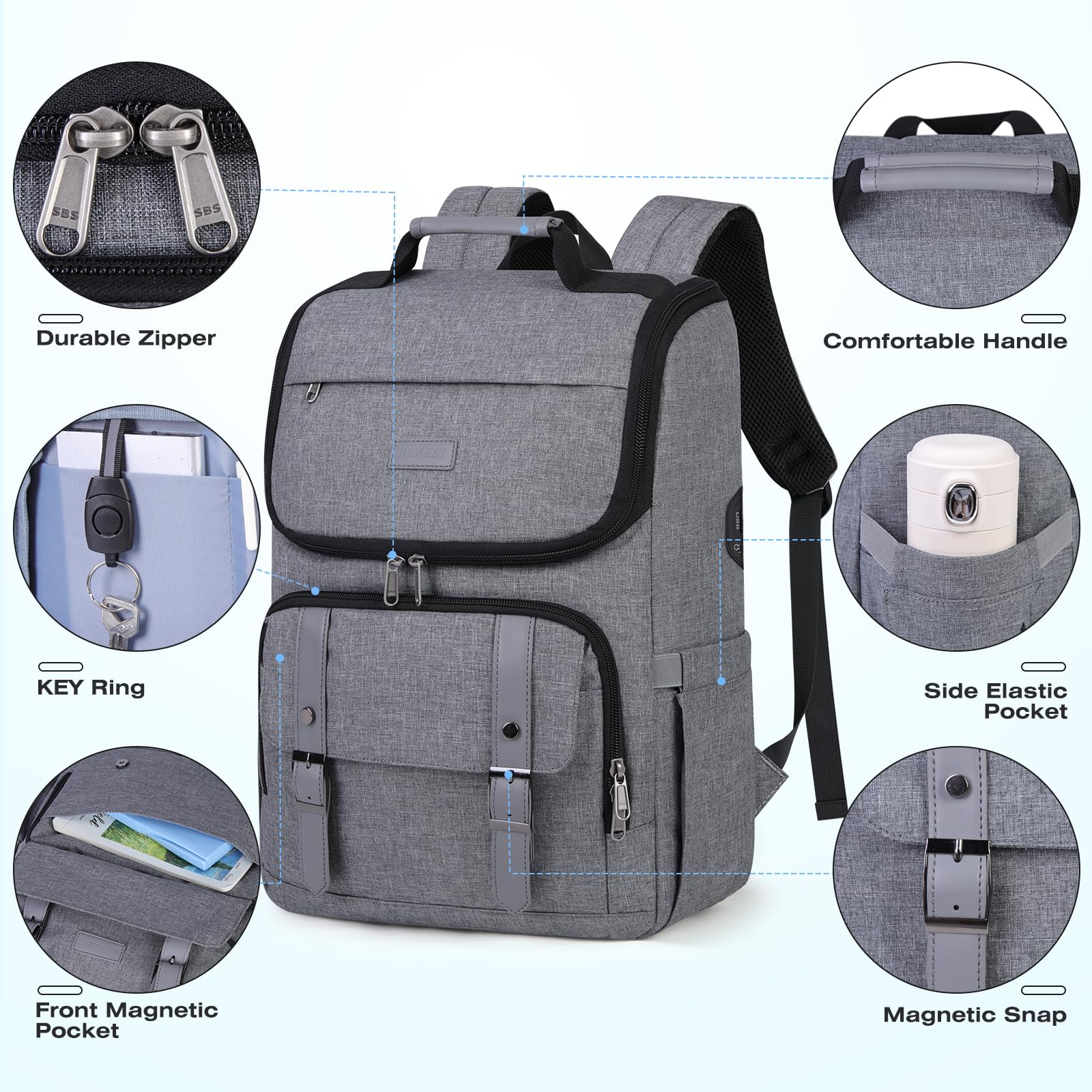 15.6 Inch Waterproof Laptop Backpack for Men & Women - TSA Friendly Business Travel Backpack with USB Charging Port, Grey | Perfect for Work, Commuting & Airplane Carry-On