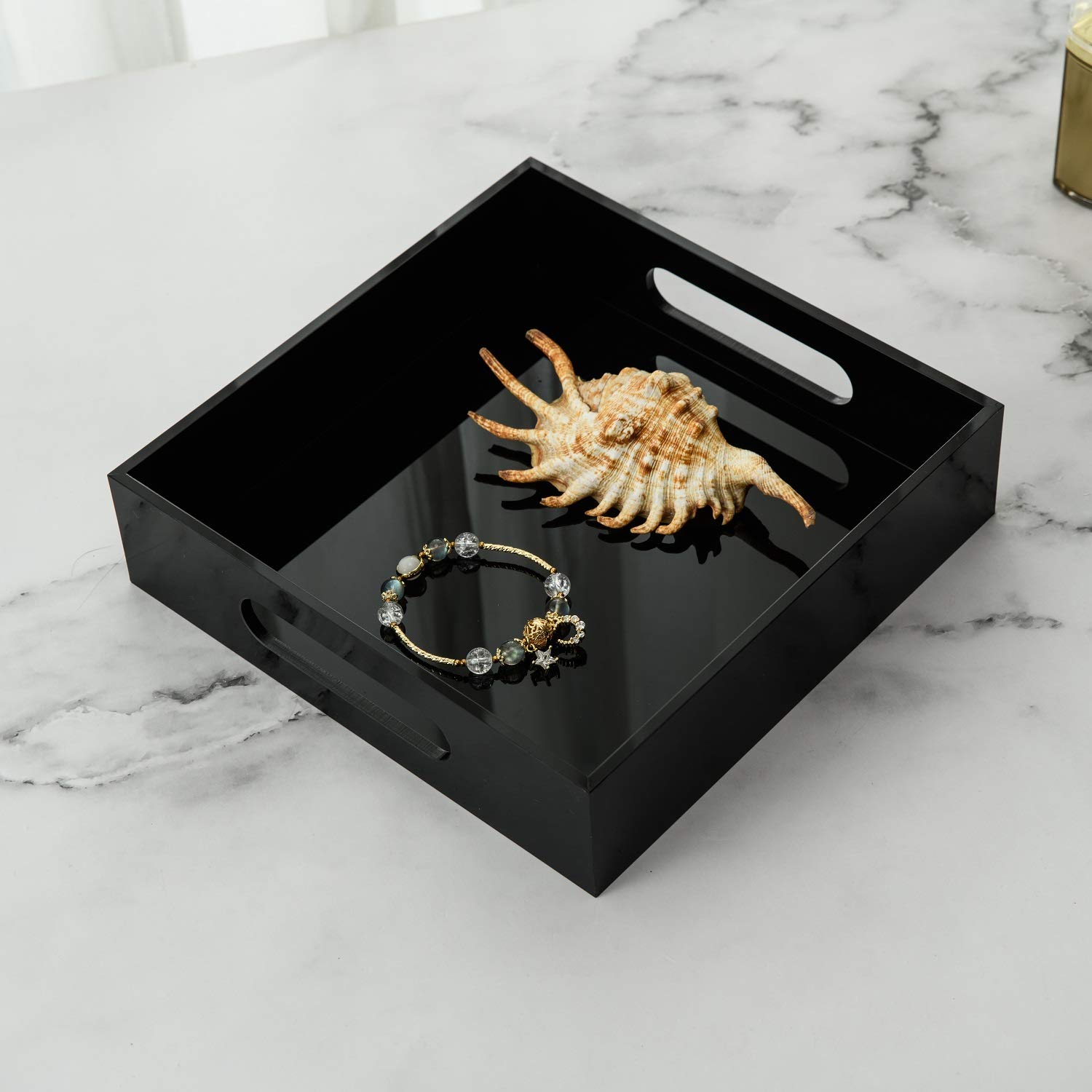Black Sturdy Acrylic Tray with Handles - 8x8 Inch Kitchen Countertop Organizer - Bathroom & Office Storage Box for Cosmetics, Jewelry, Toiletries, Toys & Gadgets - Perfect for Vanity, Dresser & Closet Organization