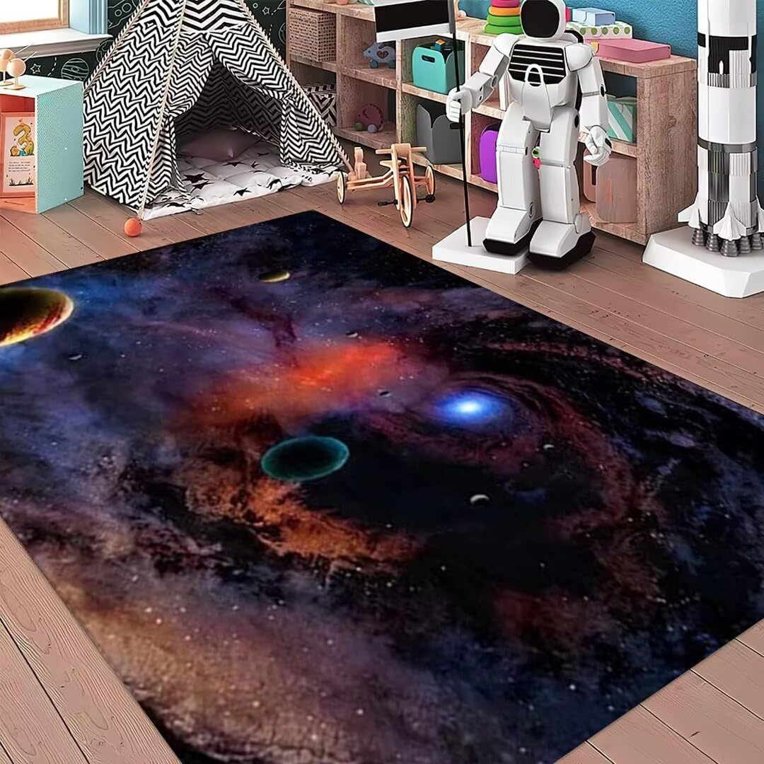 Large Universe Planets Area Rug - 6'×9' Galaxy Starry Sky Throw Rug for Kids Bedroom, Playroom & Living Room | Washable Floor Mat for Boys Room Decor | Space Themed Carpet for Nursery, Dorm & Game Room