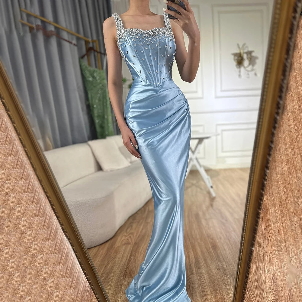 Luxury Dubai Saudi Blue Crystal Beaded Spaghetti Strap Mermaid Evening Gown with High Slit - Formal Party Dress for Prom, Wedding, Gala & Red Carpet Events