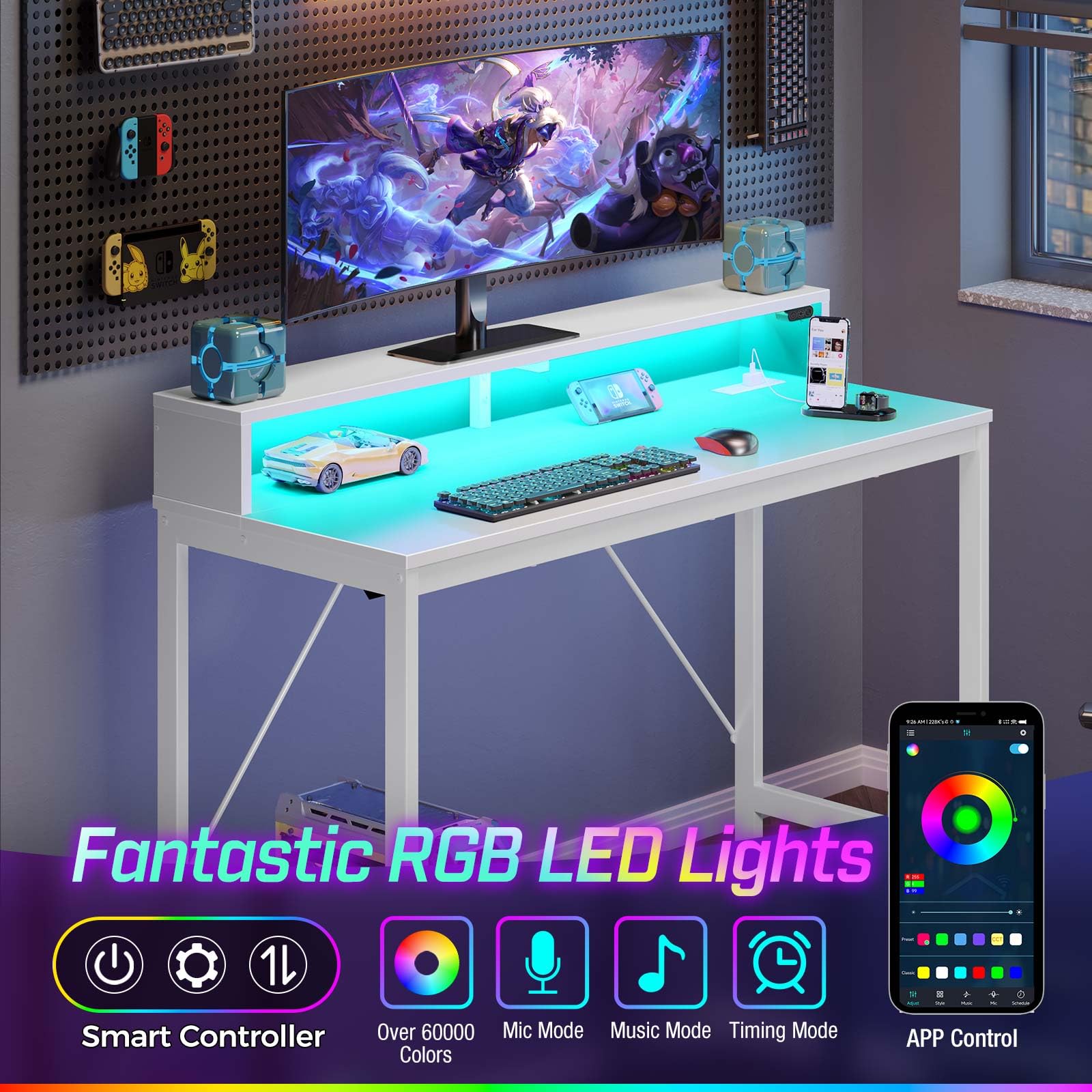Rolanstar 39-inch LED Computer Desk with Power Outlets - Home Office Desk with Monitor Shelf, Gaming & Study Desk for Students, Kids (White) - Perfect for Remote Work, Online Classes & Gaming Setup